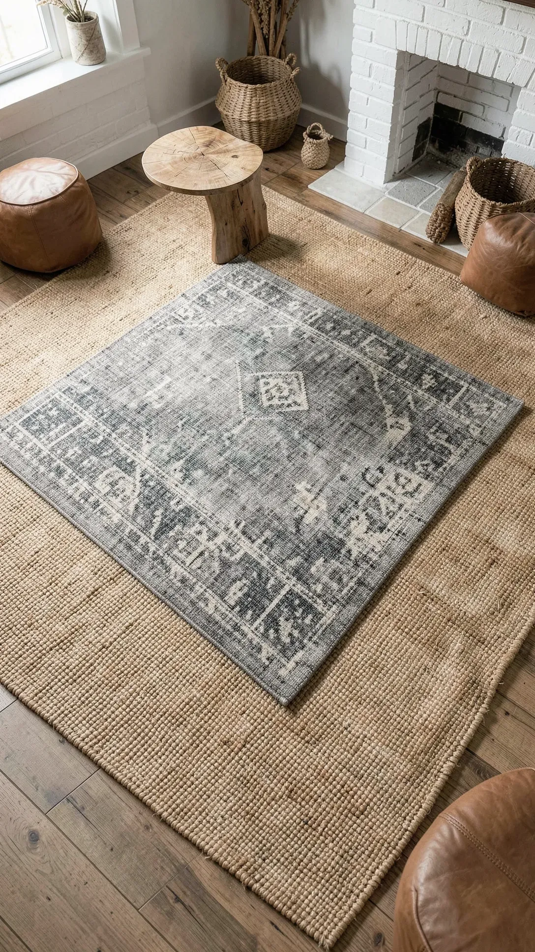 A small grey patterned rug layered over a large natural jute rug in a textured living room.