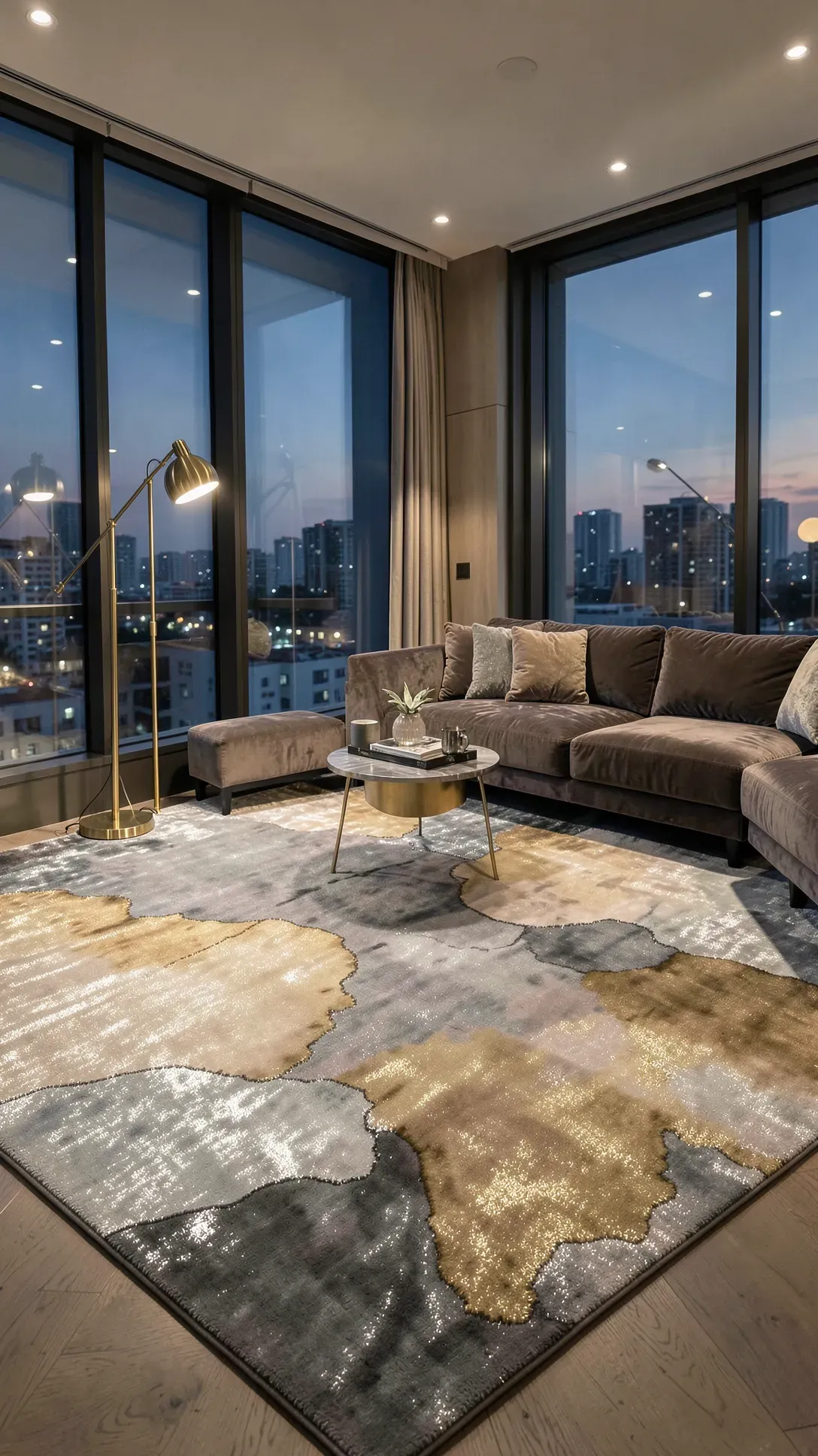 An abstract grey and beige rug with metallic accents in a luxury living room with gold lamps.