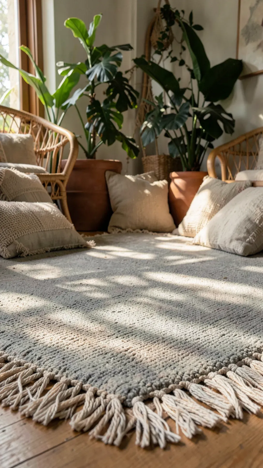 A tasseled greige rug in a boho-style living room with rattan furniture and indoor plants.