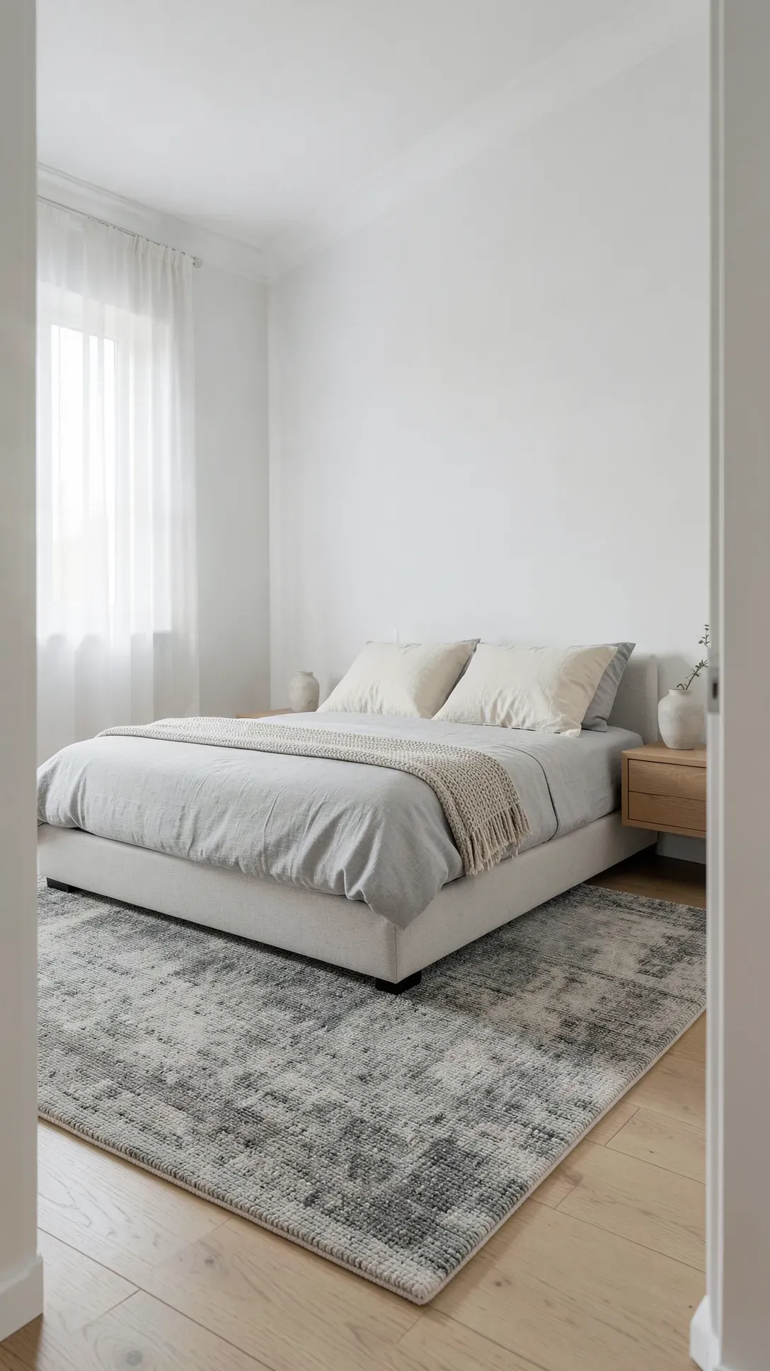 A small balanced bedroom featuring a low-profile grey and beige rug under a minimalist platform bed with soft lighting.