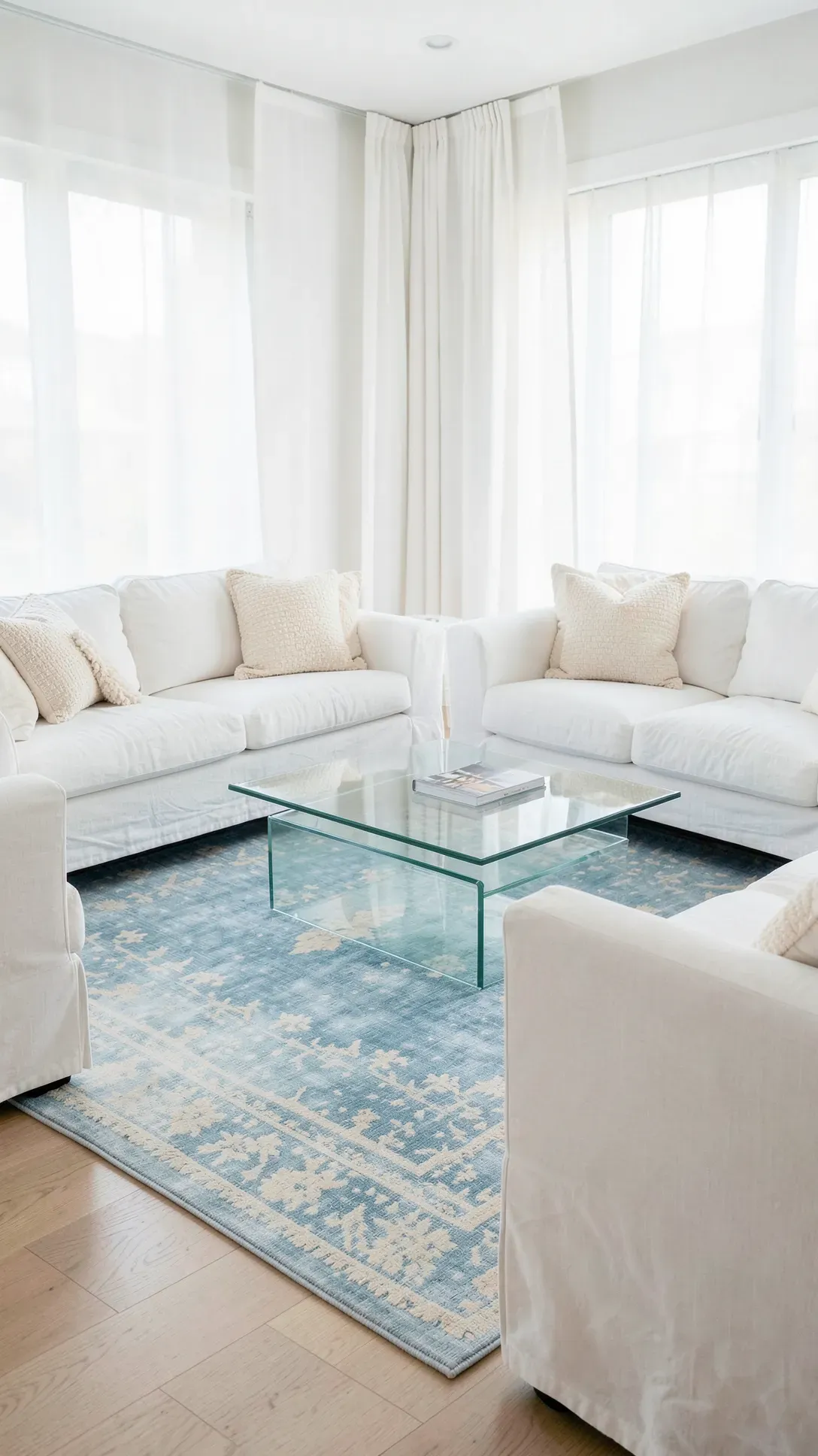 A light blue area rug with cream undertones under white linen sofas in a bright, sunlit living room.
