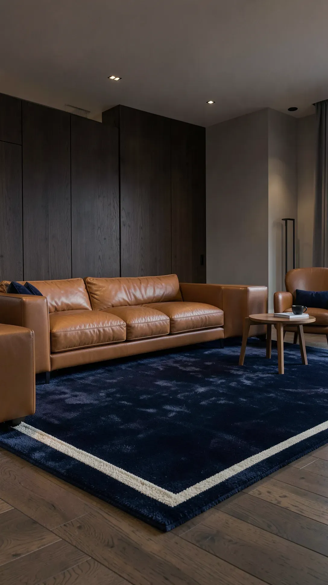 A deep navy blue rug with a cream border paired with warm tan leather sofas in a structured room.