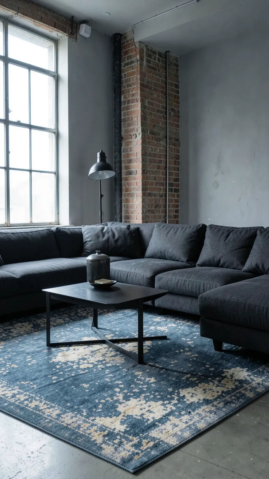 A distressed blue-grey and cream rug in an industrial style living room with charcoal grey seating.