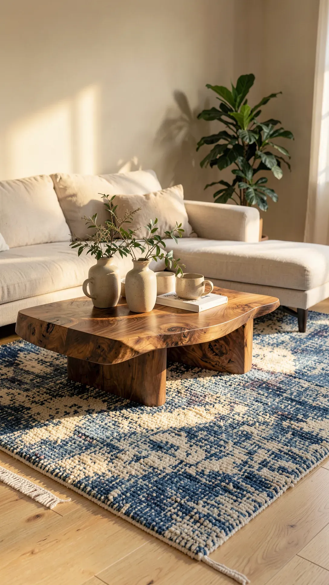 A textured blue and cream rug under a natural walnut coffee table in a warm, organic living room.