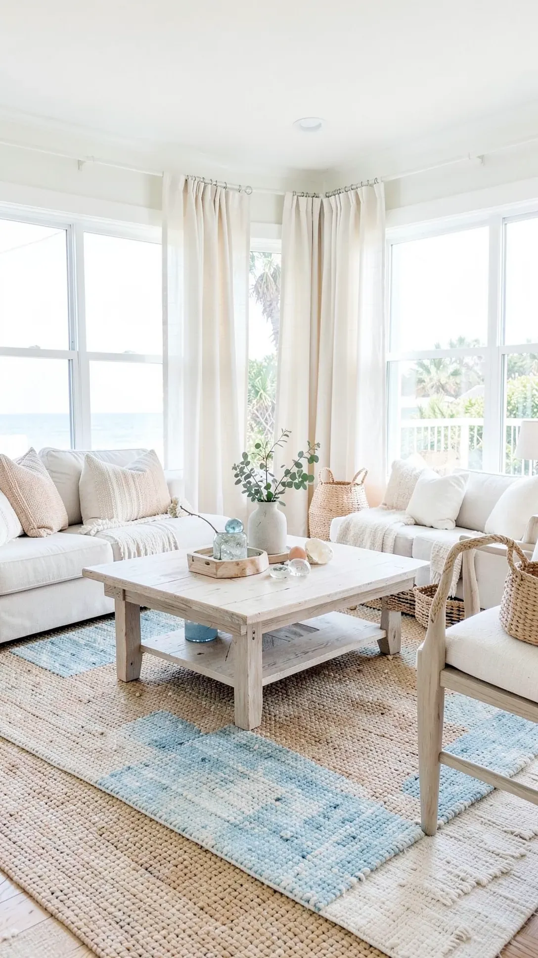 A light blue and sandy cream woven rug in a coastal style living room with jute accents.