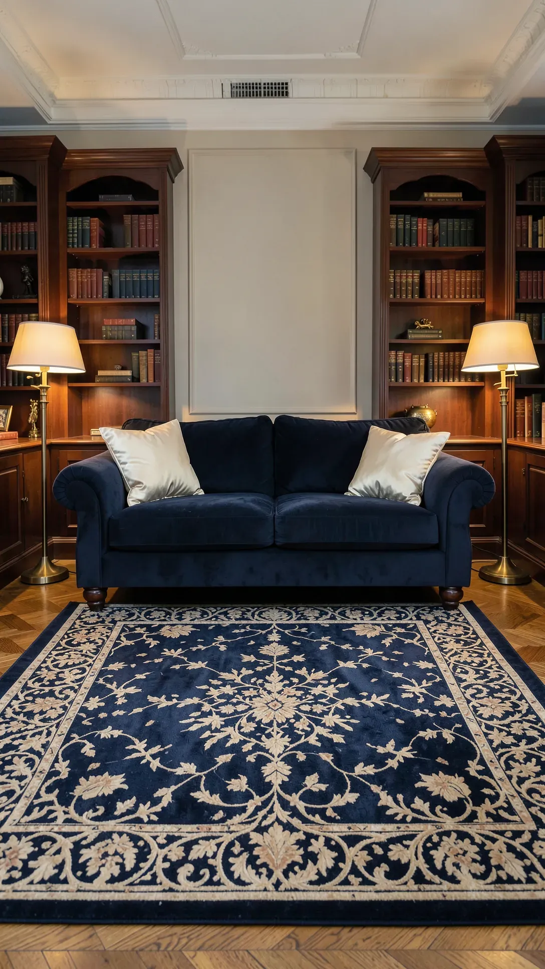 An elegant navy and cream floral rug in a traditional living room with classic furniture.