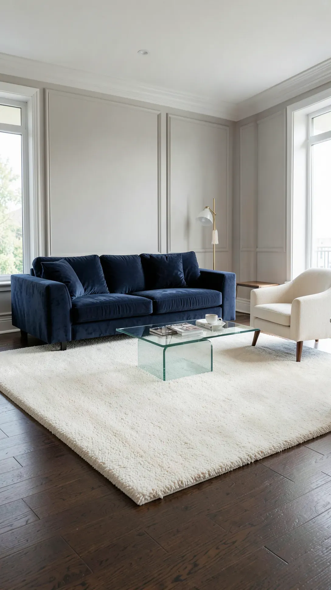 A luxurious navy blue velvet sofa sitting on a textured solid cream wool rug in a bright modern living room.