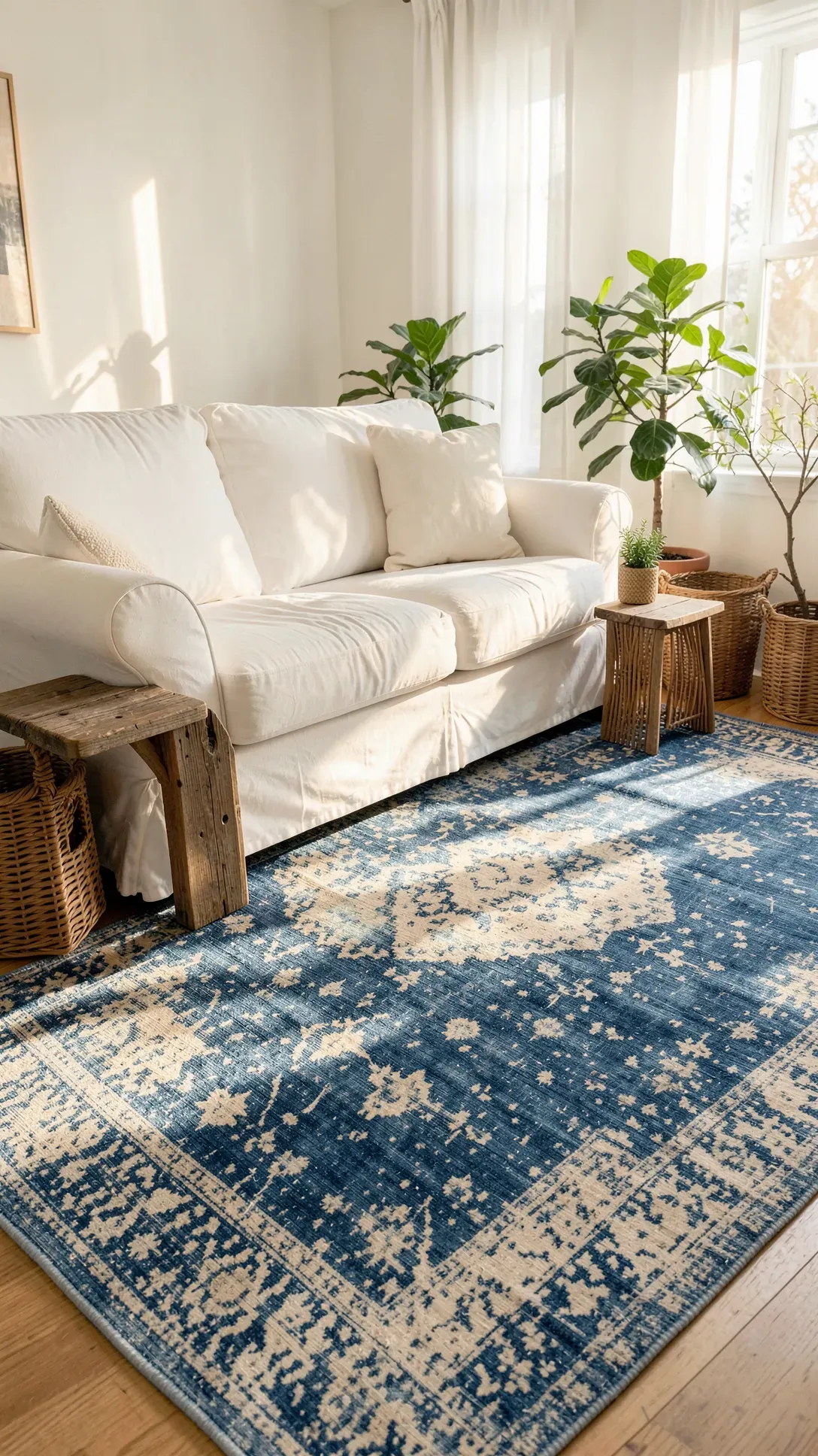 A casual living room with a white slipcovered sofa and a faded denim blue and white area rug.