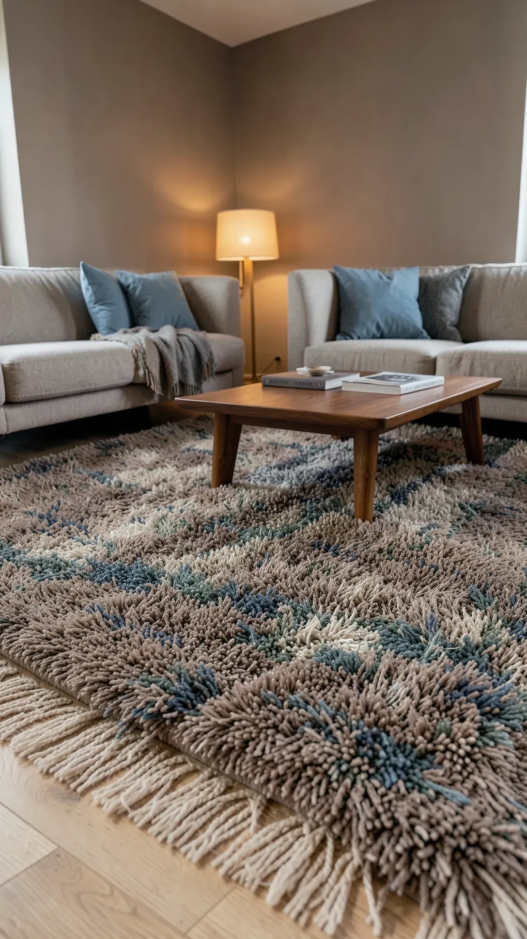 A high-pile shag rug in taupe and blue shades in a warm living room with oak floors.