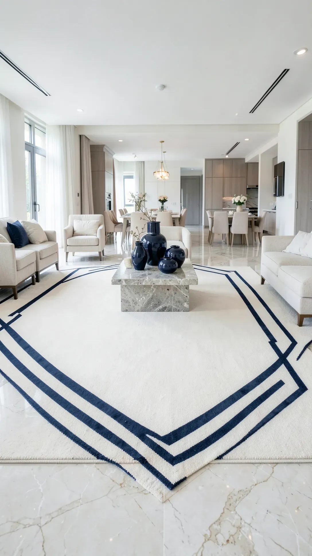 A large cream-colored rug with a thin navy blue border defining a sophisticated seating area.