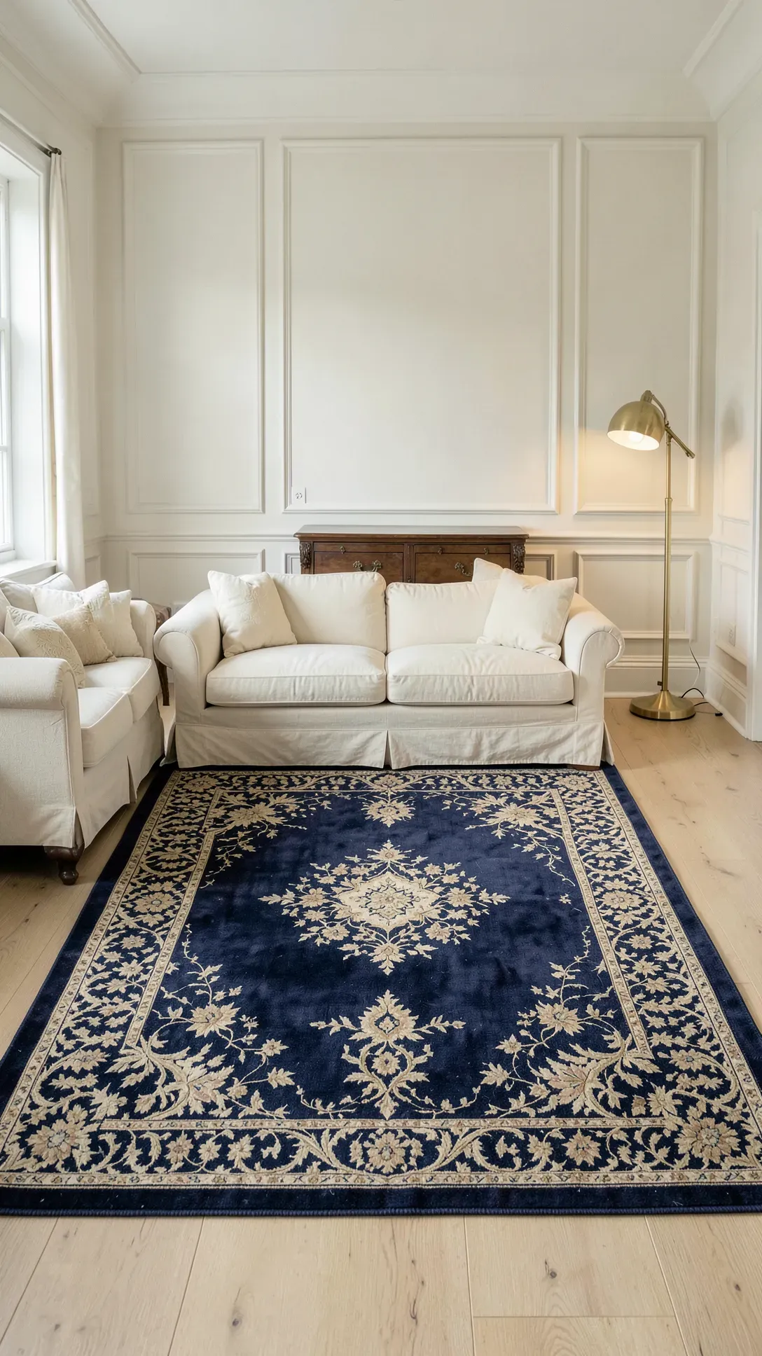 A dark indigo Oriental rug with cream patterns on a light oak floor in a classic living room.