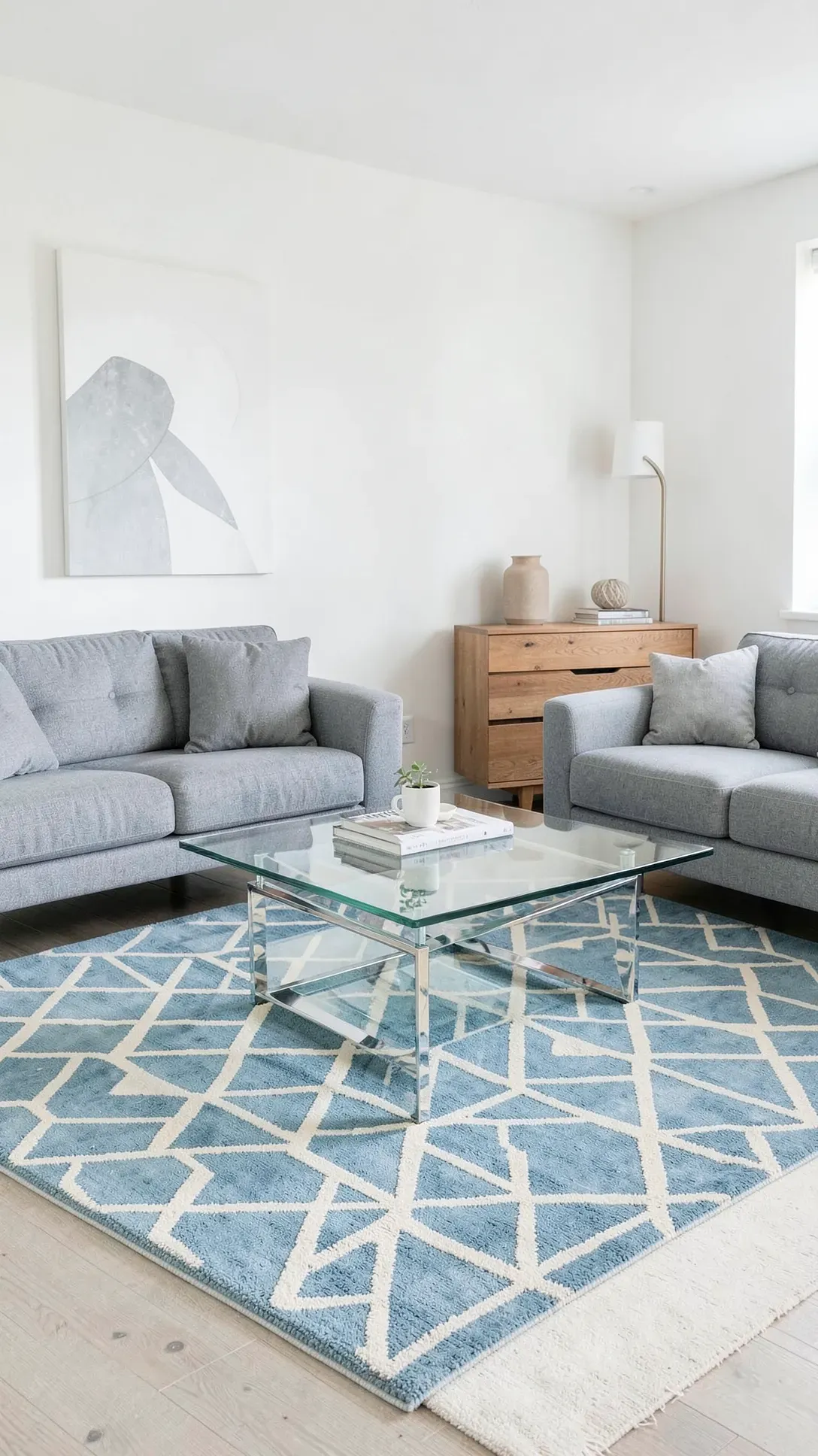 A modern living room featuring a blue and cream diamond trellis patterned rug under a glass coffee table.