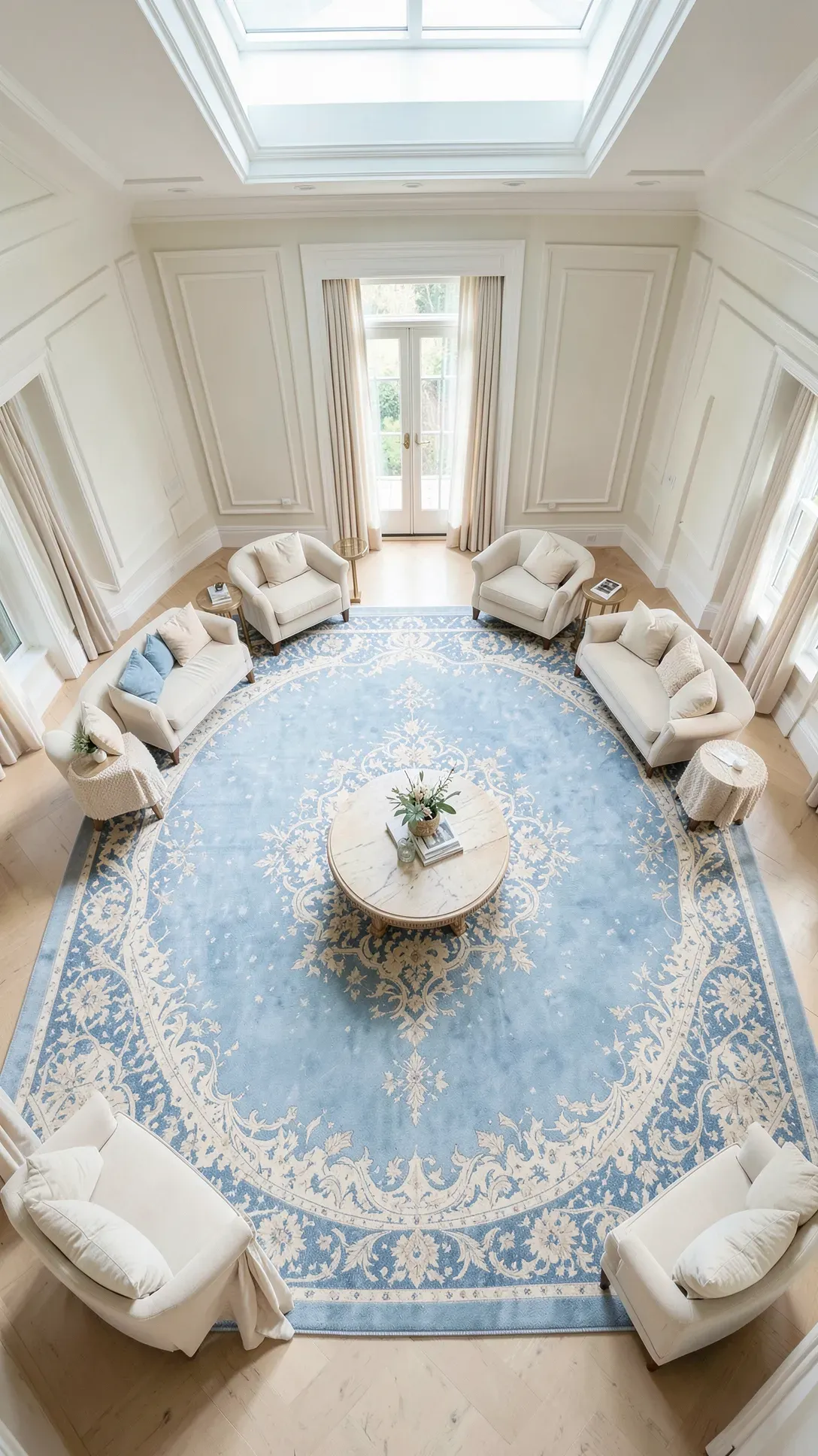 An elegant living room with a large sky blue and ivory medallion rug centered in the room.