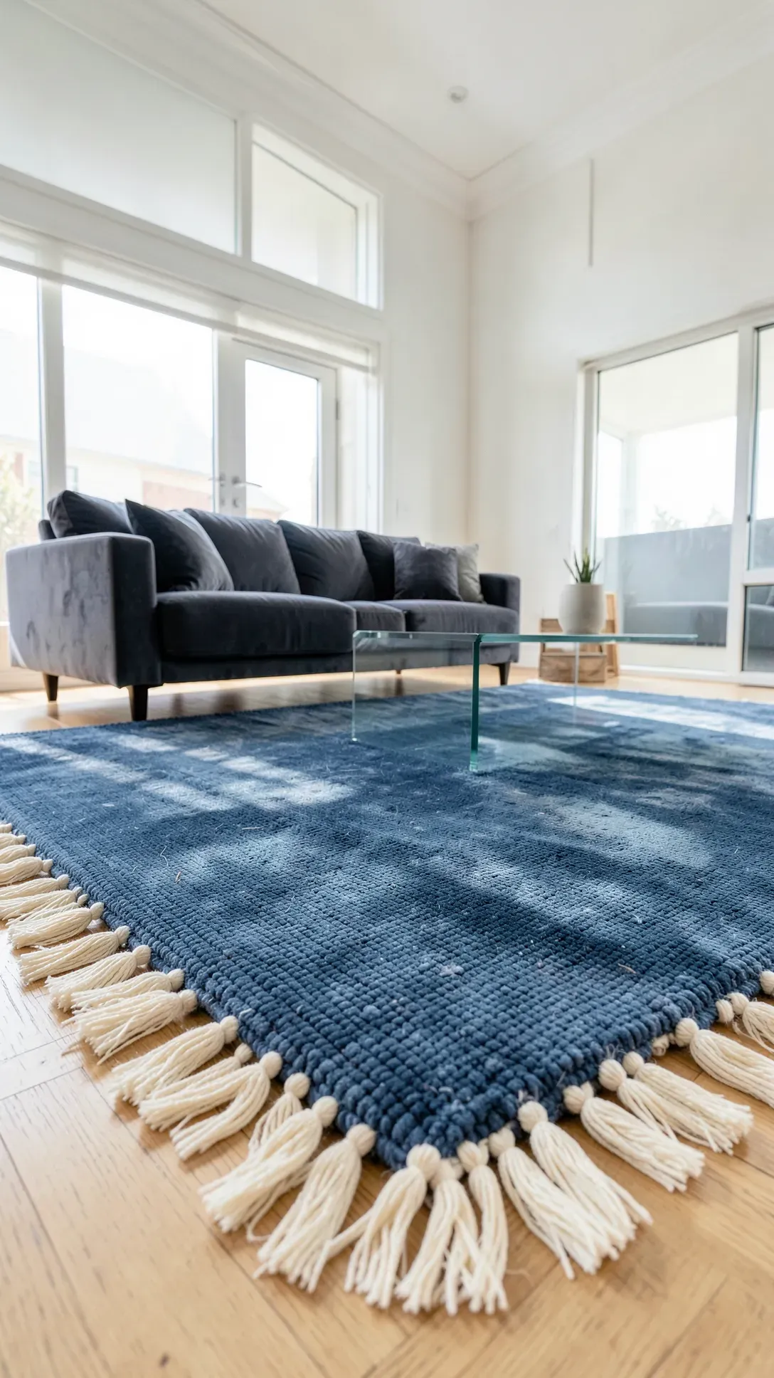 A textured slate blue rug with cream tassels in a modern living room with a velvet sofa.