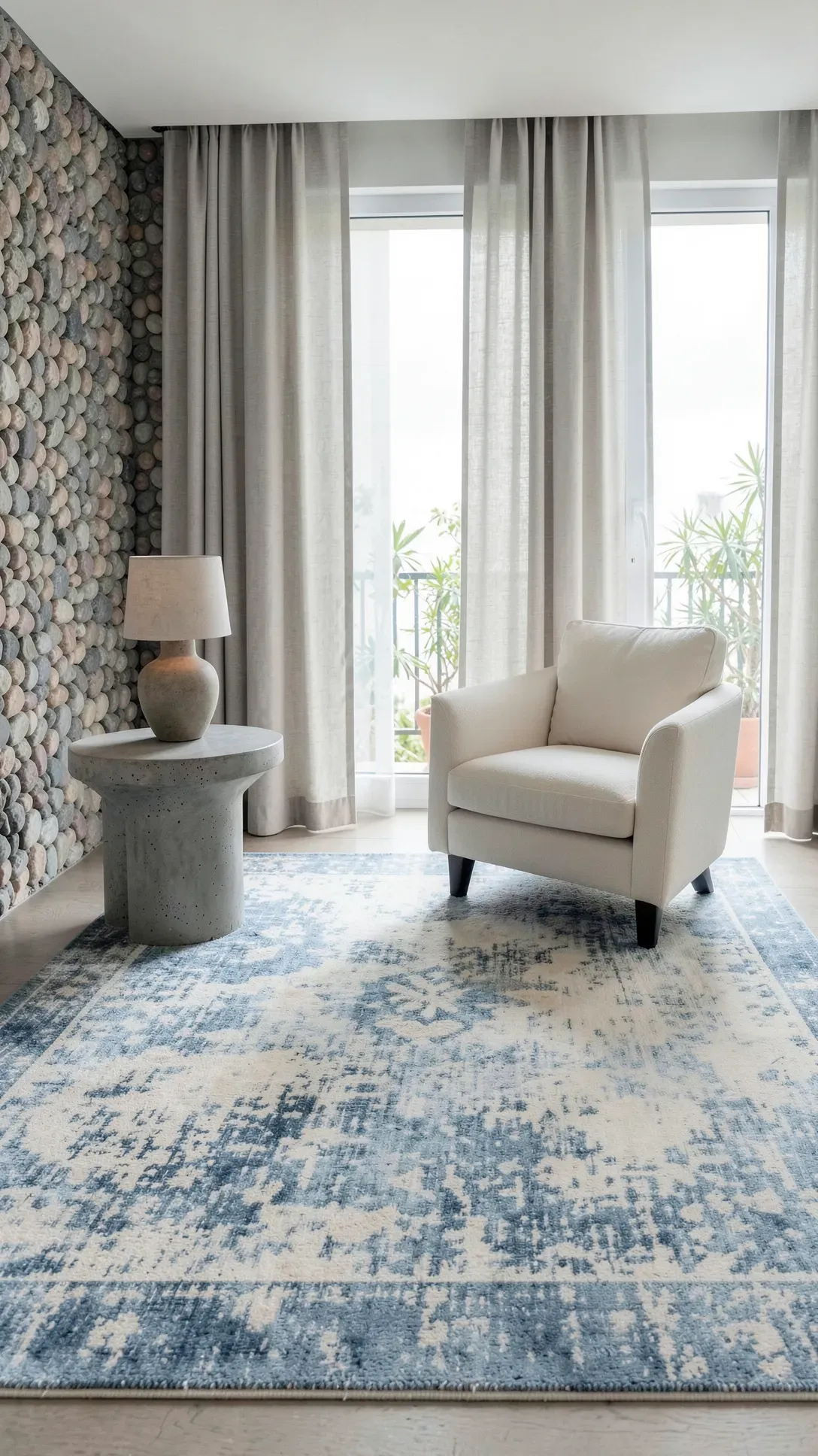 A stone-washed blue and cream rug in a calm living room with concrete and stone accents.
