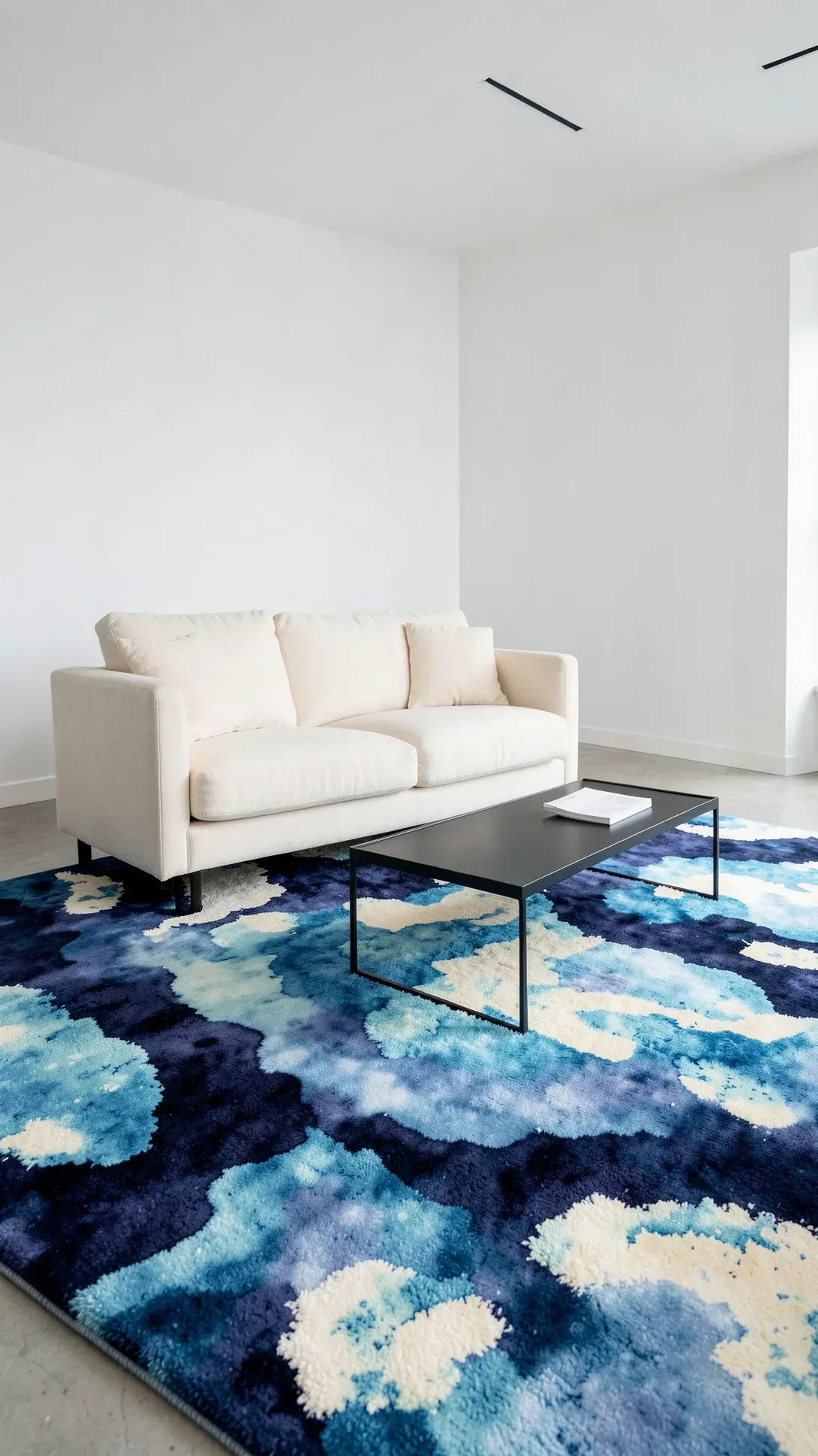 An abstract watercolor rug with blue and cream swirls in a minimalist modern living room.