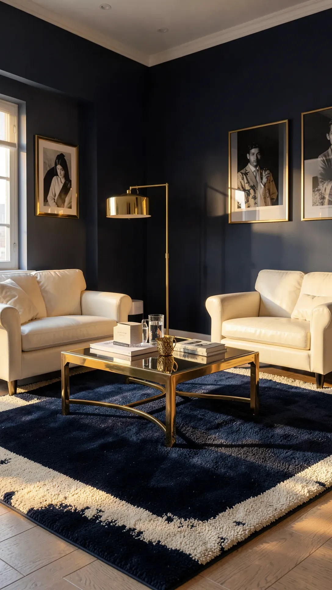 A navy blue rug with cream accents in a living room featuring brass furniture and gold decor.