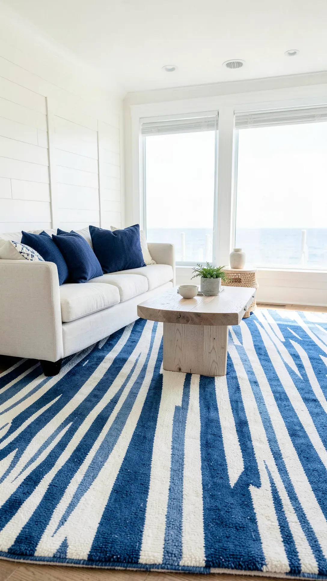 A wide-striped blue and white rug in a bright, nautical-themed living room with cream furniture.