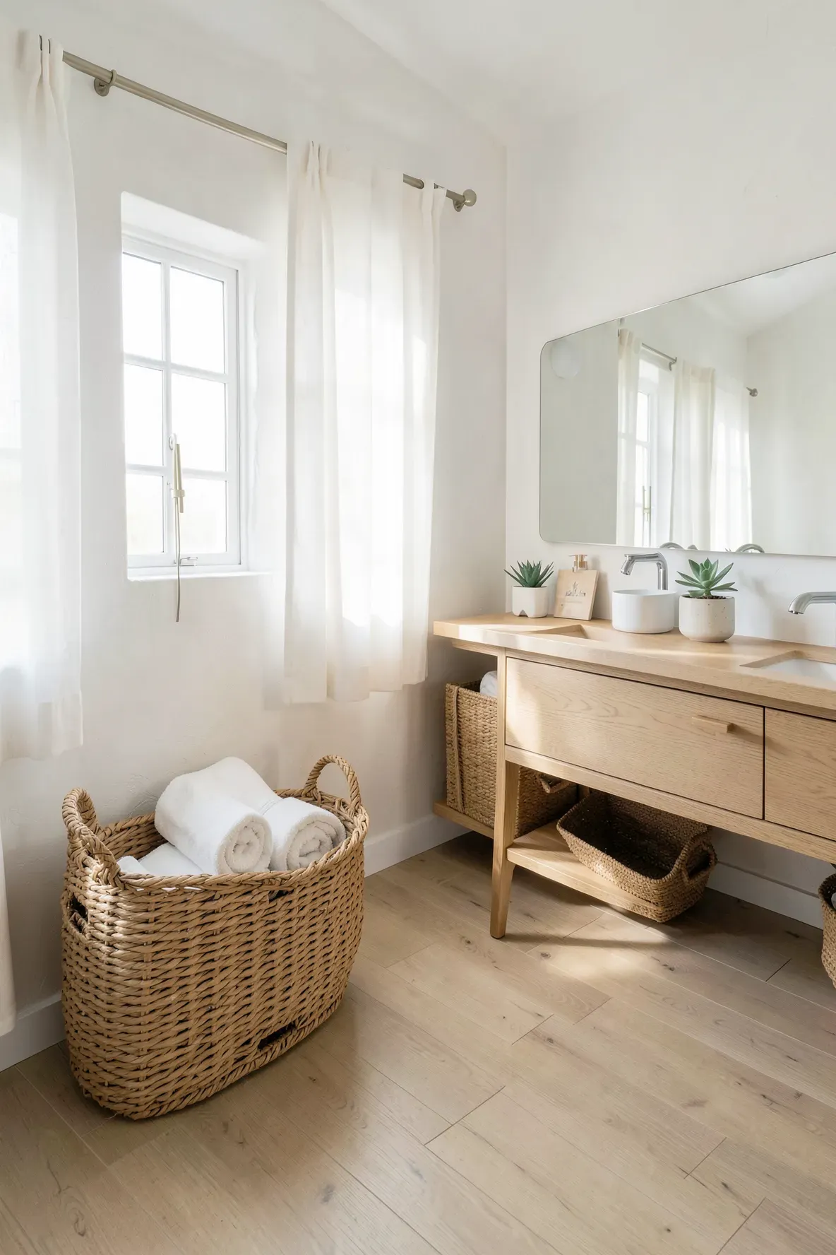 Woven rattan baskets filled with white towels on a bathroom floor in a bright boho setting.