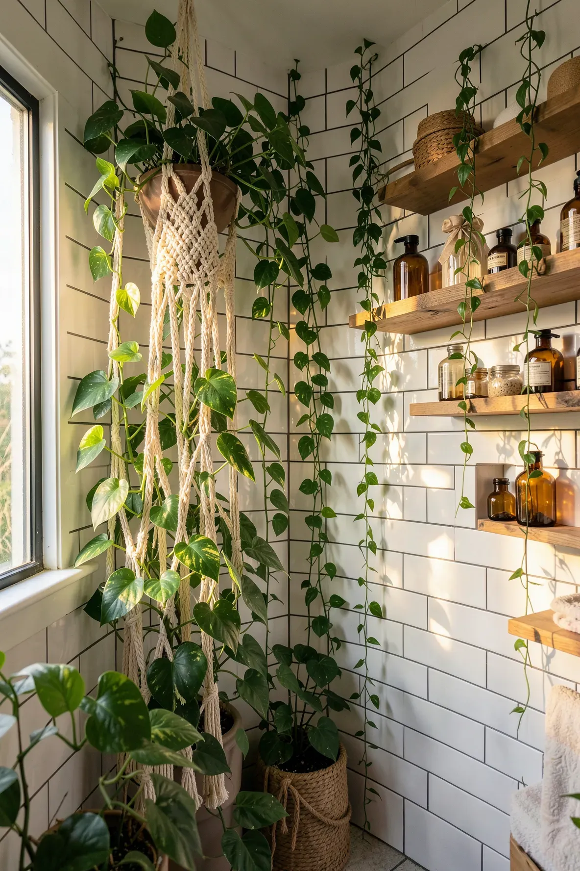 Lush Pothos plants in macramé hangers suspended in a bright, white-tiled boho bathroom.