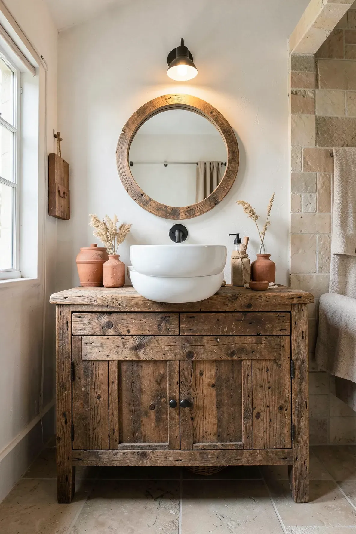 A rustic reclaimed wood vanity with a white vessel sink in a stylish boho bathroom.