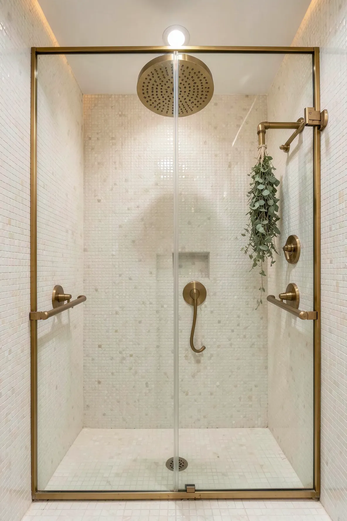 A luxury brass rainfall showerhead in a cream-tiled boho bathroom with eucalyptus accents.
