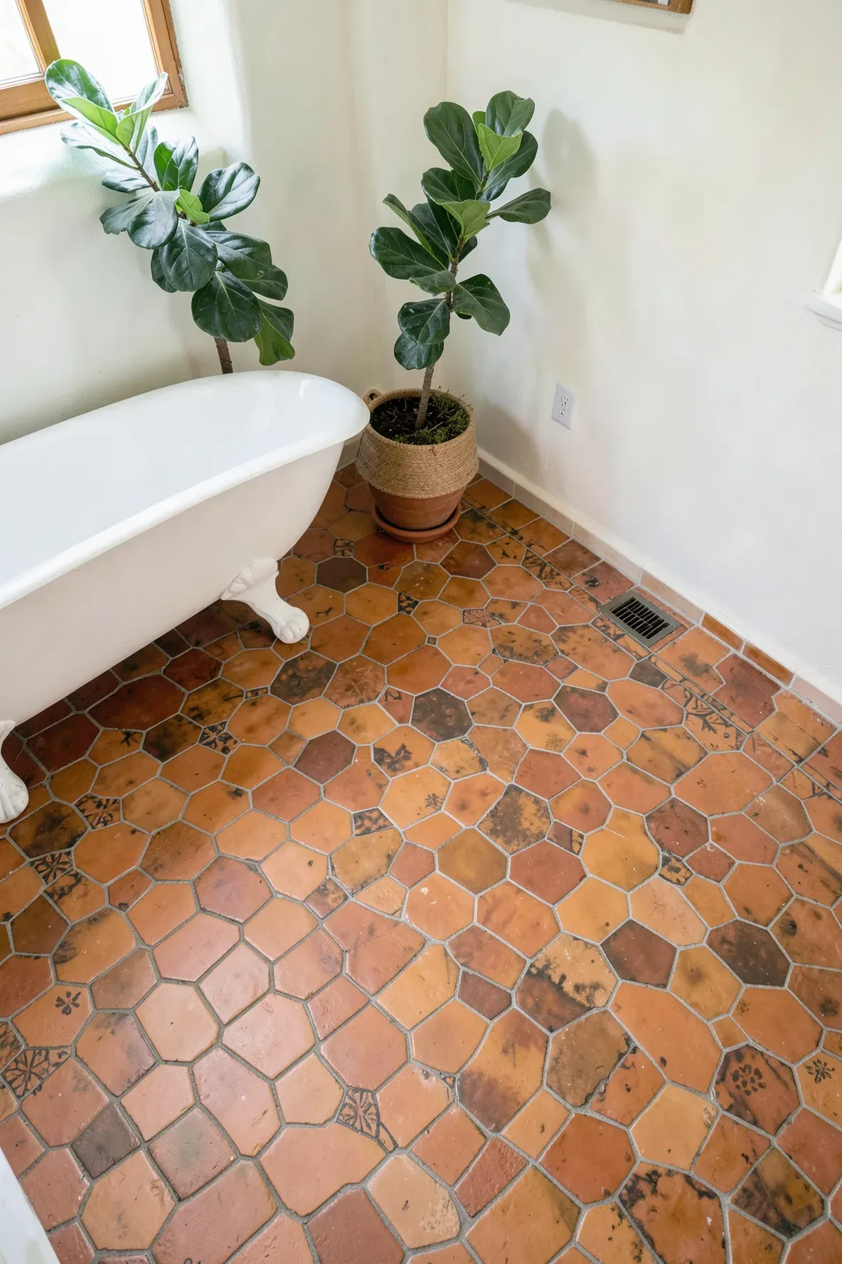 Matte terracotta floor tiles in a bright boho bathroom with a clawfoot tub and plants.