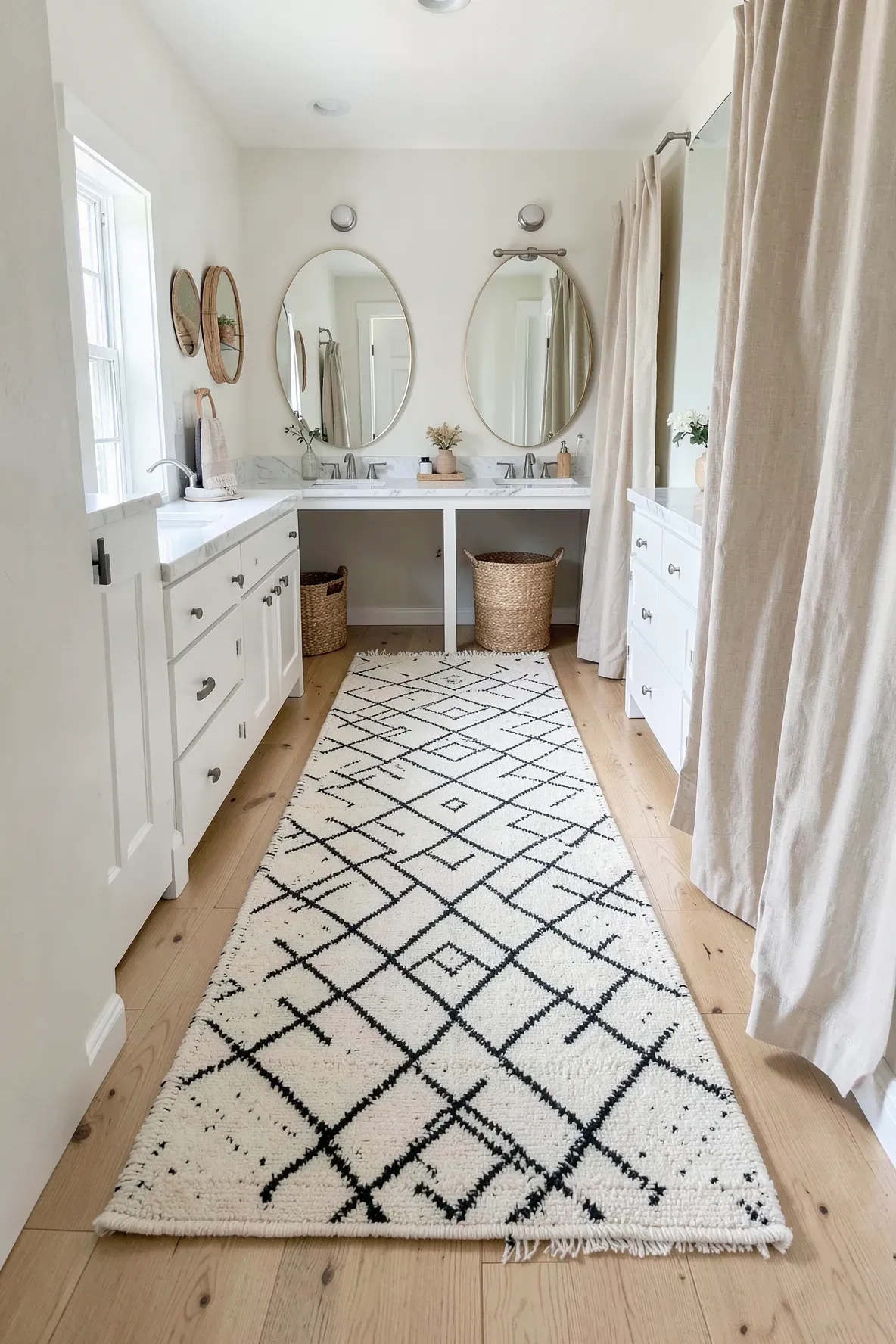 A black and white geometric tufted runner rug on the floor of a modern boho bathroom.
