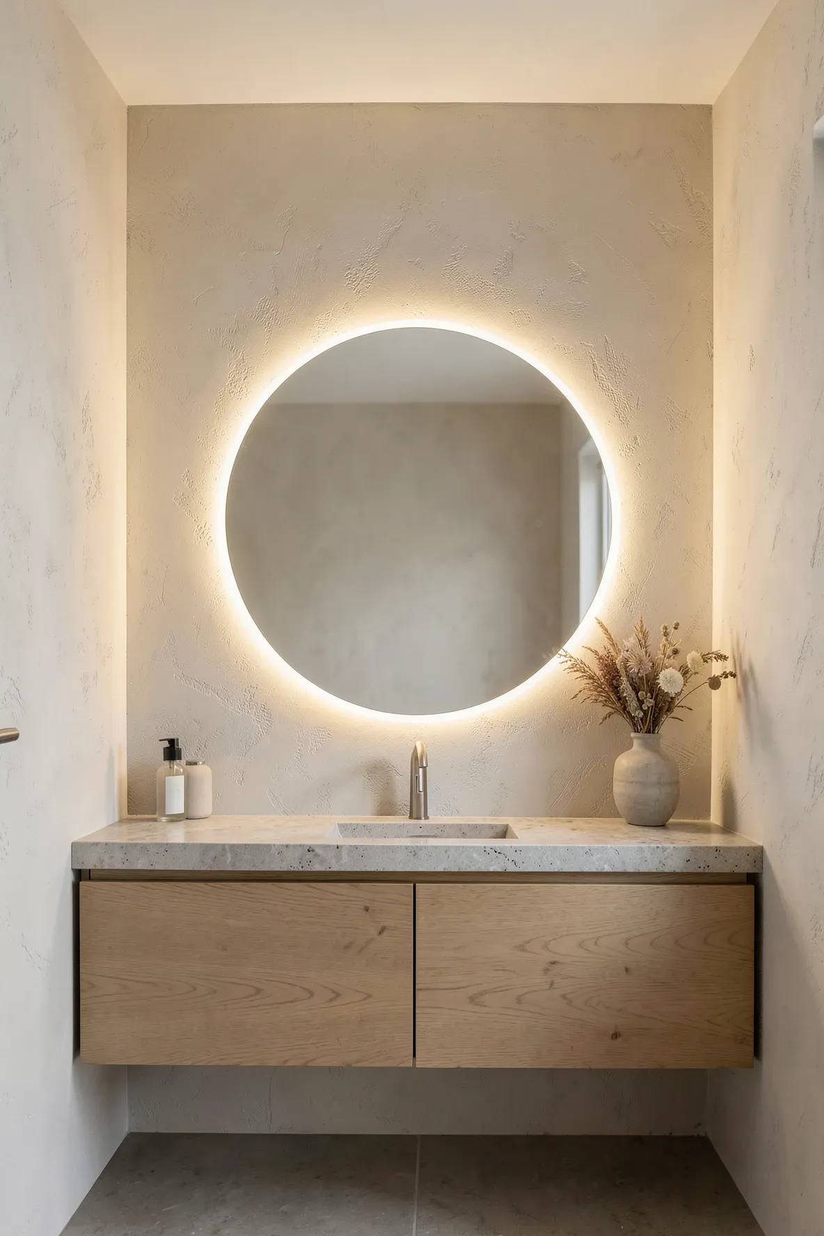 A large frameless round mirror with warm backlighting on a plaster wall in a boho bathroom.