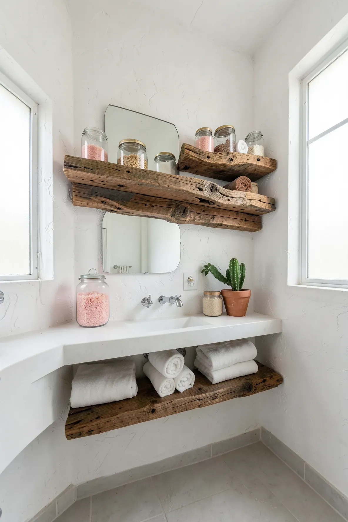 Reclaimed wood floating shelves with bath salts and a cactus in a bright boho bathroom.