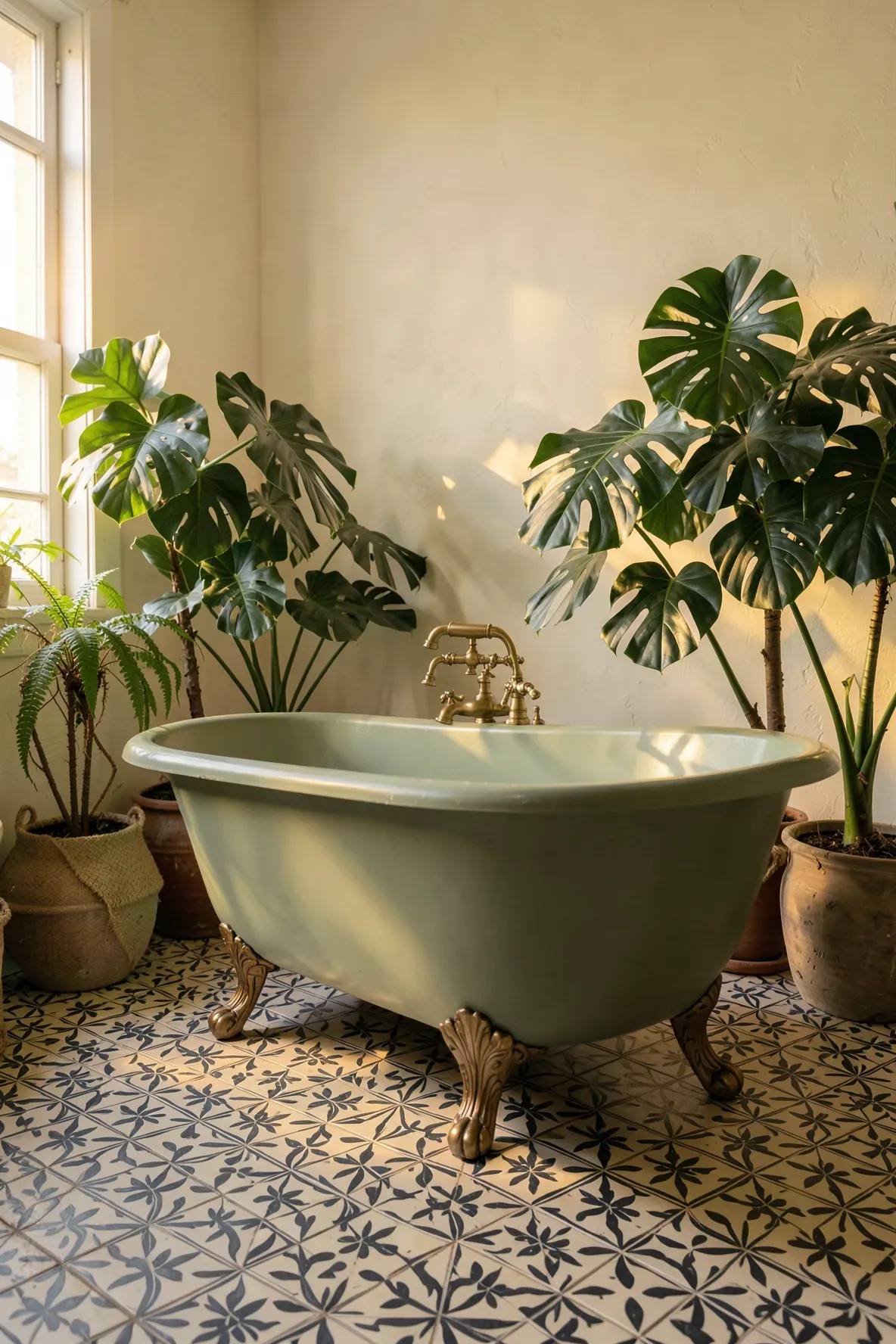 A matte sage green clawfoot bathtub with brass feet in a plant-filled boho bathroom.