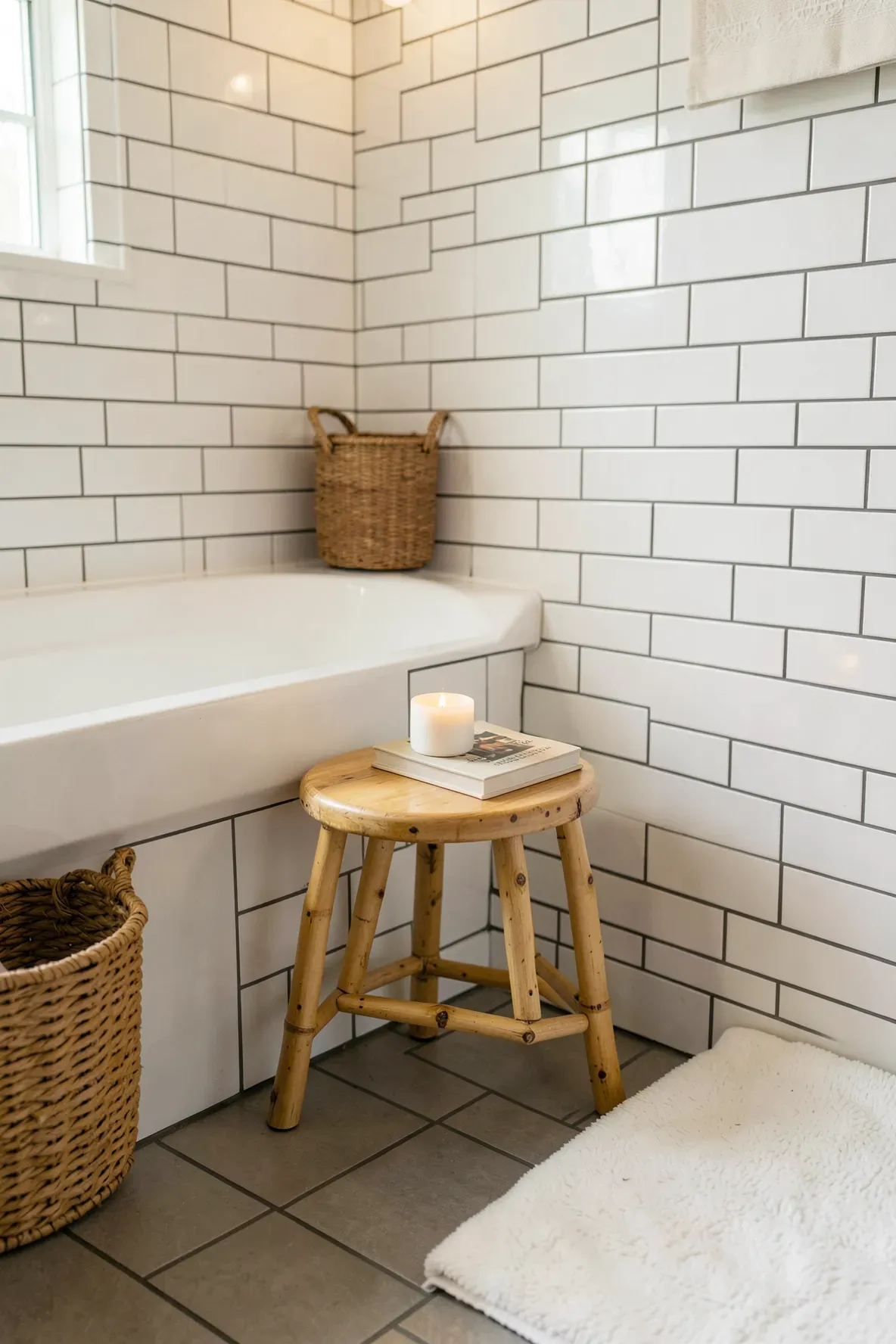A small bamboo stool holding a candle and book next to a tub in a boho bathroom.