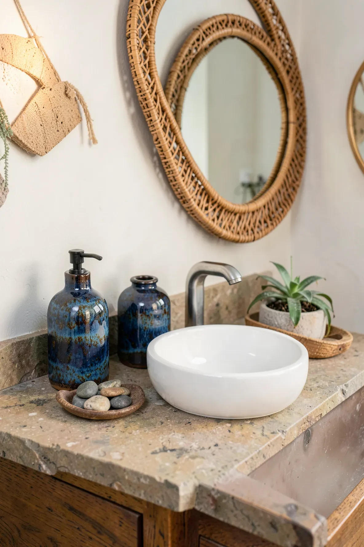 Handmade ceramic soap dispensers with a blue reactive glaze on a boho bathroom vanity.