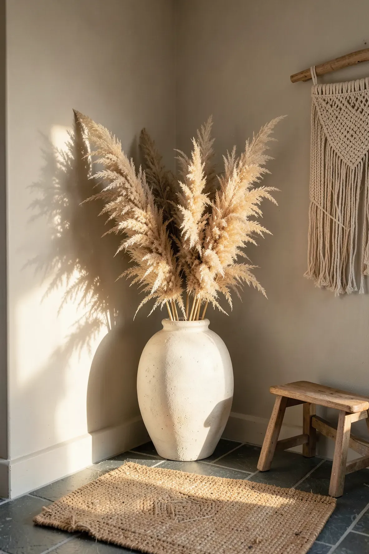 Tall dried pampas grass in a textured stoneware vase standing in a neutral-toned boho bathroom.
