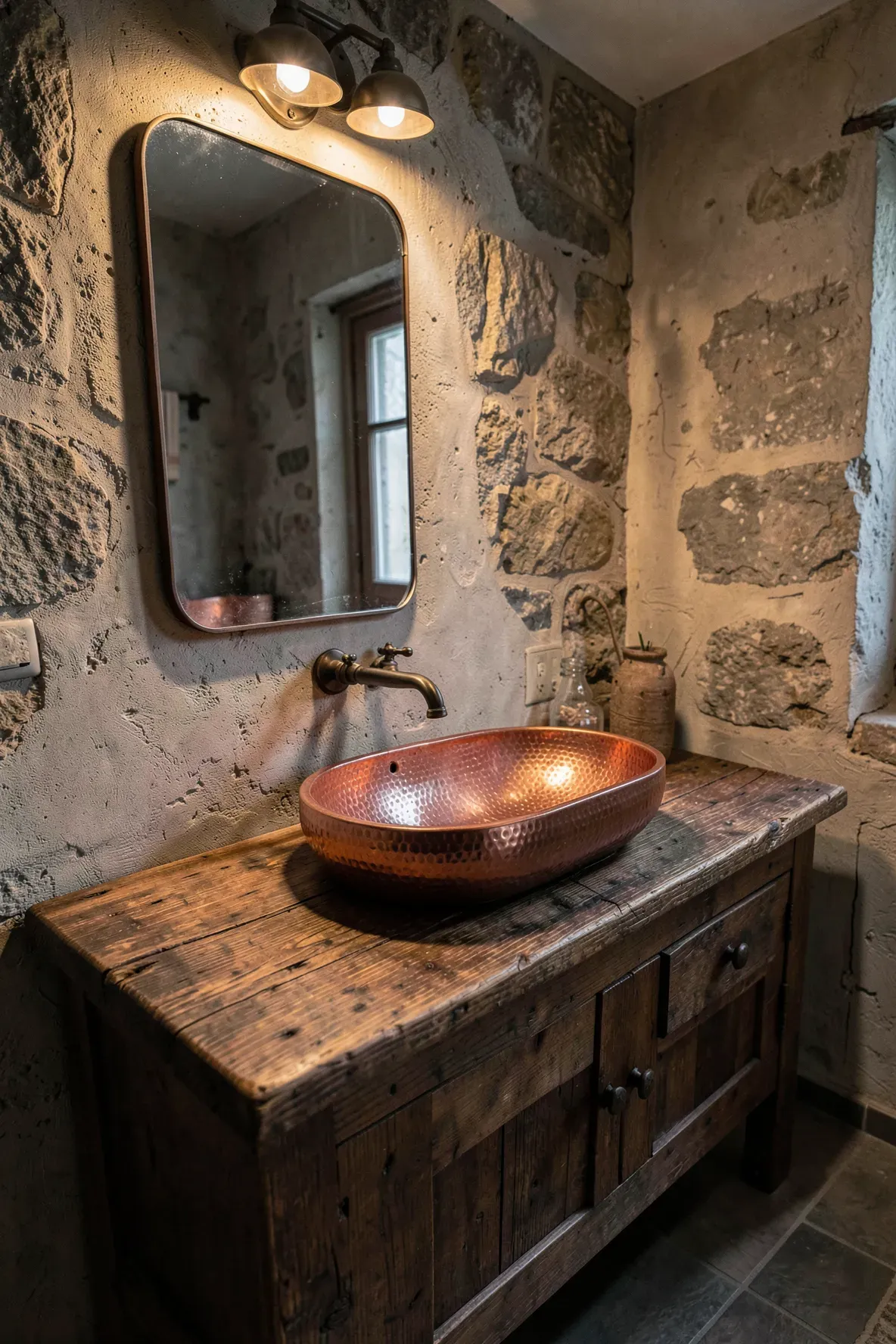 A rustic bathroom featuring a hammered copper basin sink on a reclaimed wood vanity.