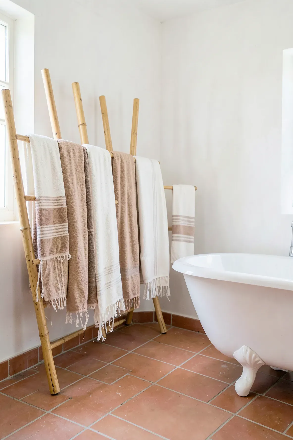 Fringed Turkish cotton towels hanging on a bamboo ladder in a bright, airy boho bathroom.