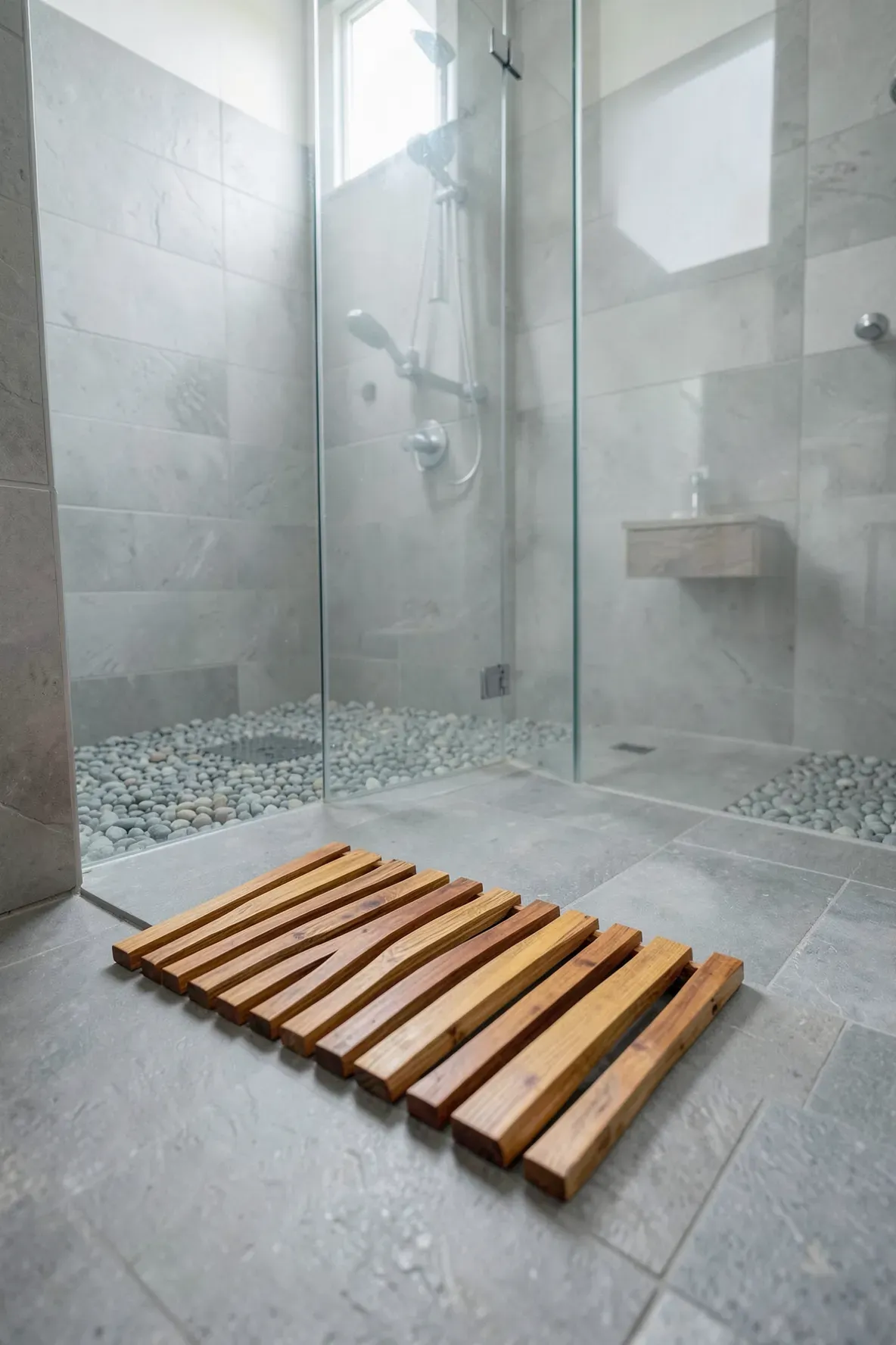 A slatted cedar wood bath mat on a grey stone floor in a serene, modern boho bathroom.
