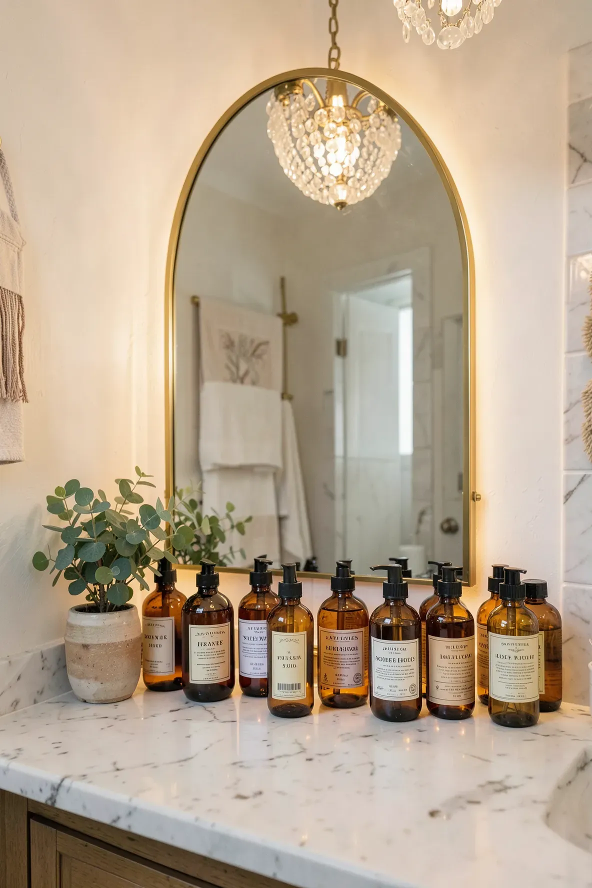 Uniform amber glass bottles with labels arranged on a marble vanity in a boho style bathroom.