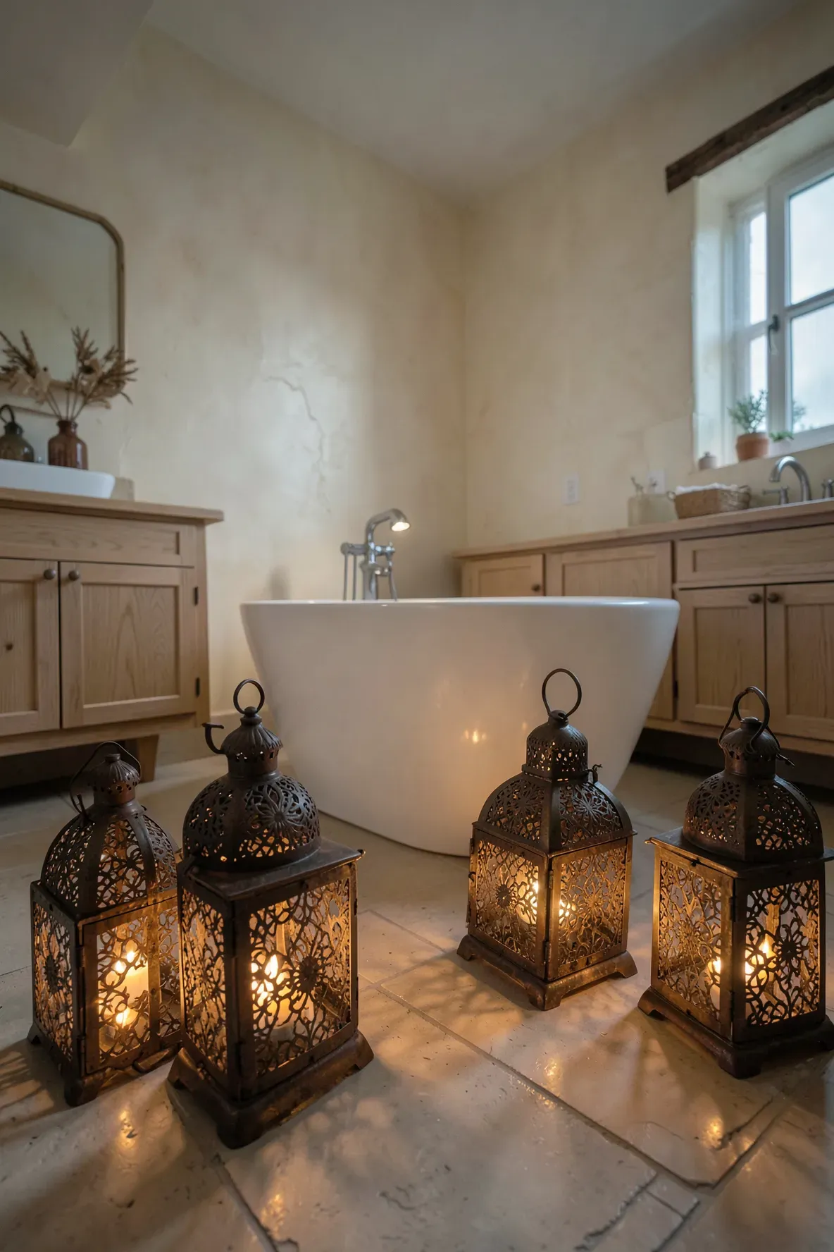 A boho bathroom with antique metal lanterns on the floor providing a warm amber glow near a white tub.