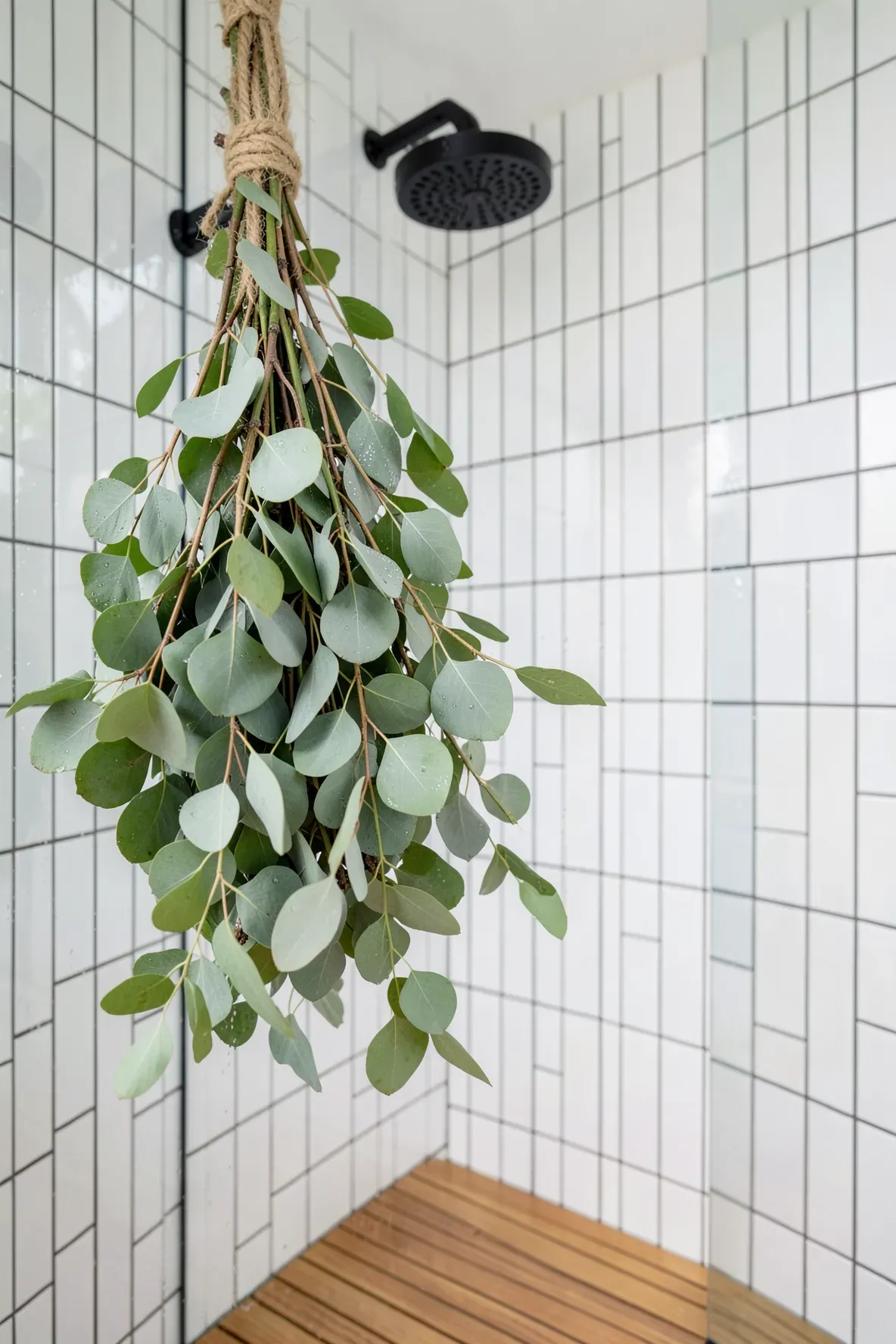 Fresh eucalyptus branches hanging from a black showerhead in a bright boho style bathroom.