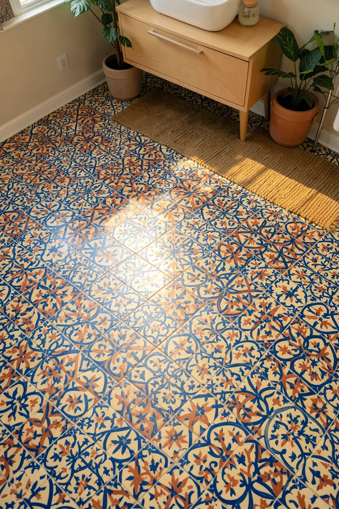 Intricate Spanish patterned tile decals on a bathroom floor with boho decor and wooden accents.