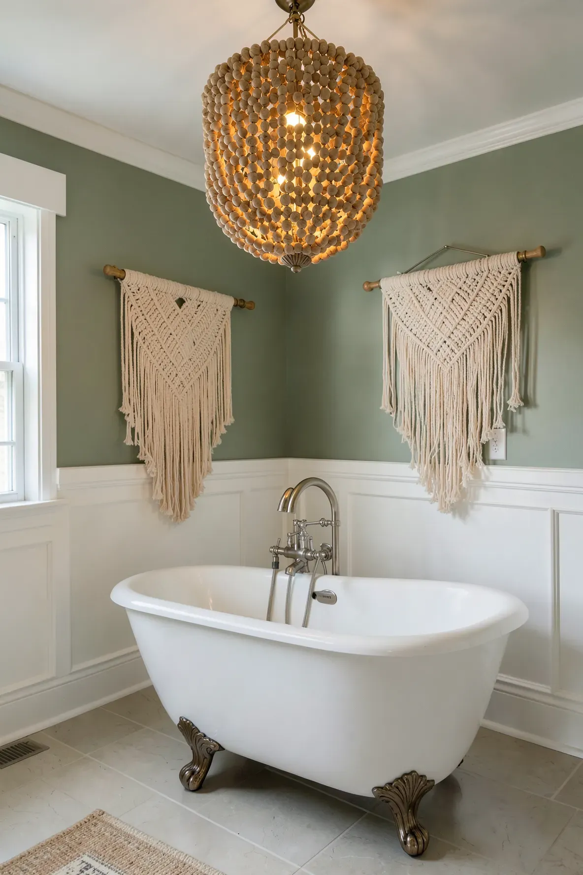 A large wooden beaded chandelier hanging above a clawfoot tub in a stylish boho bathroom.