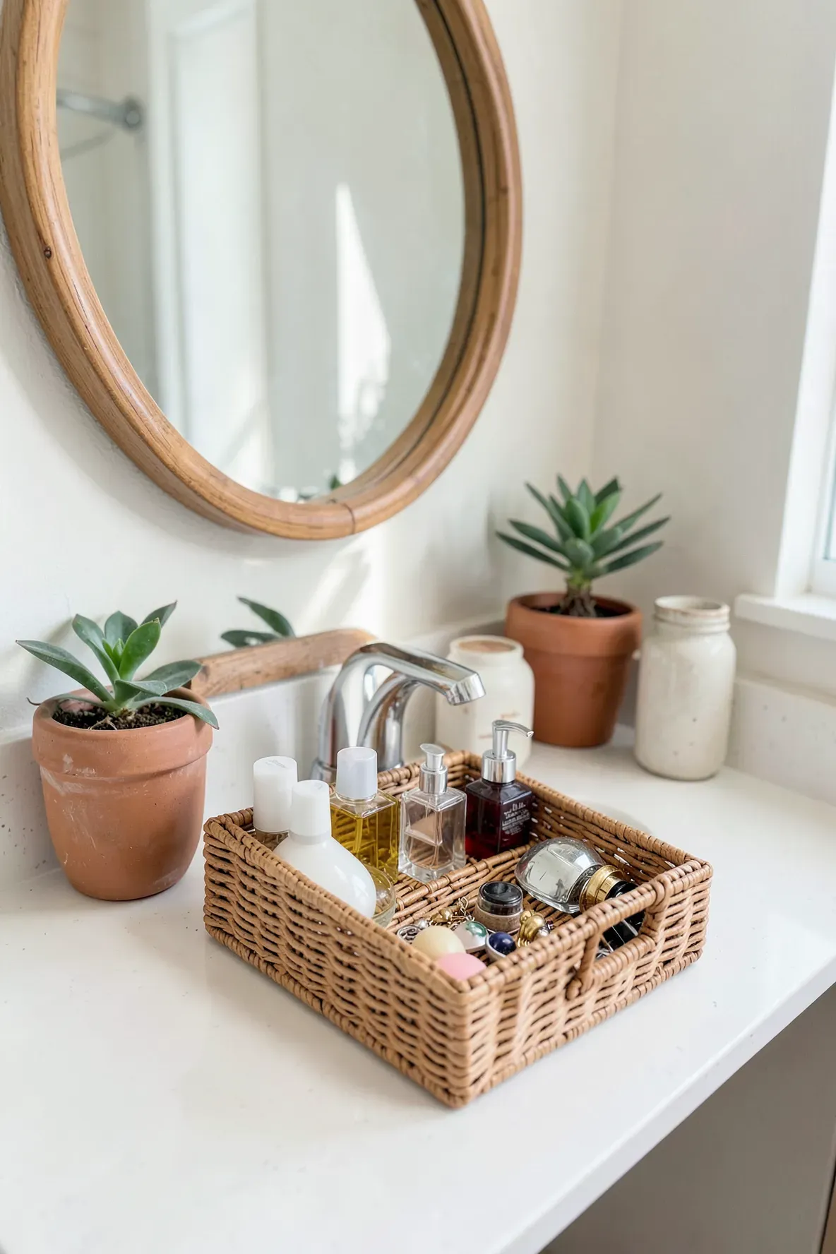 A small wicker tray holding perfume and jewelry on a white bathroom vanity with boho accents.