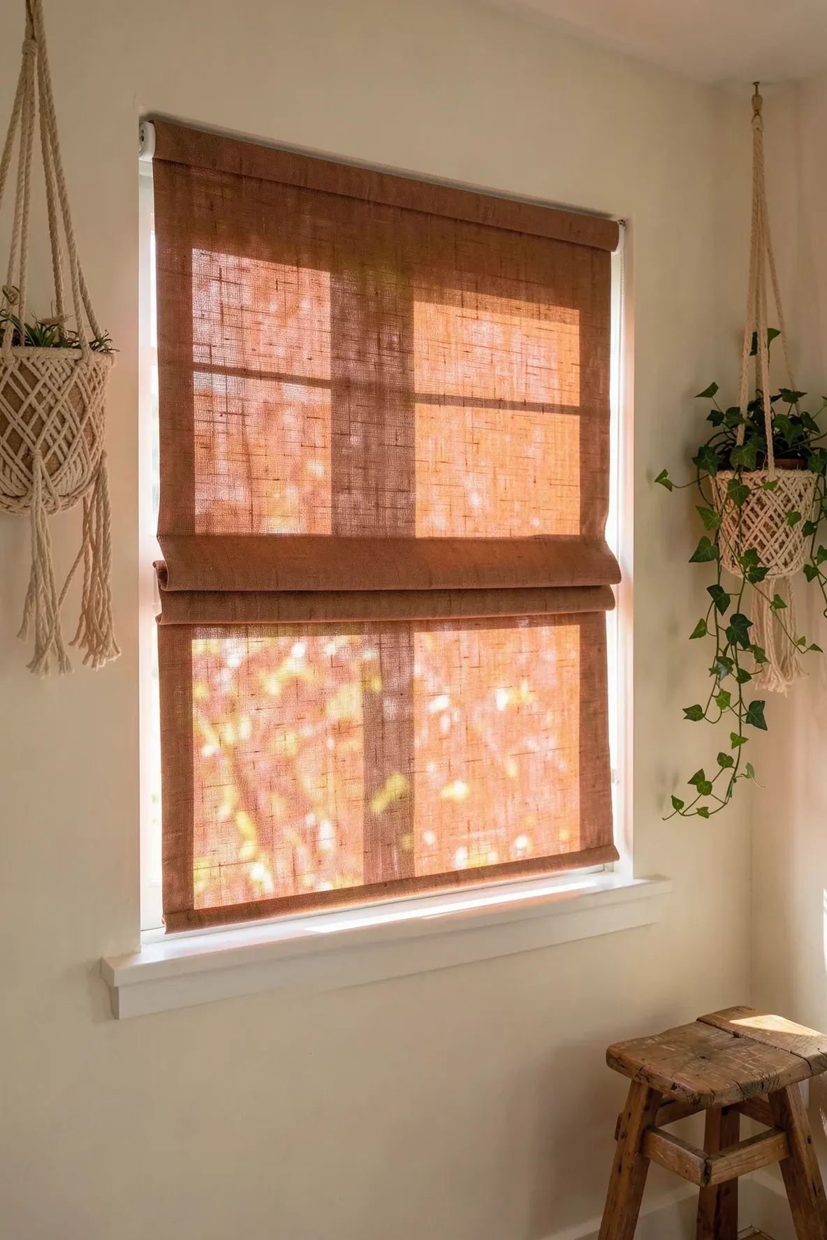 Warm terracotta linen Roman shades on a window in a cream-colored boho bathroom with plants.