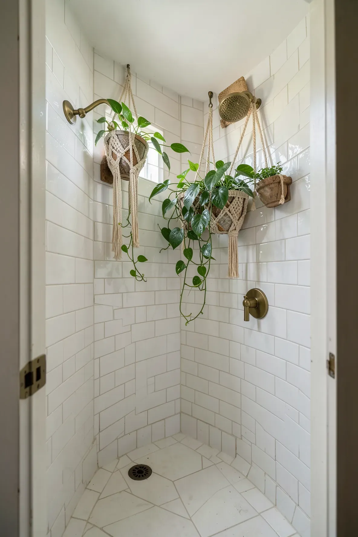 A small boho bathroom featuring macramé plant holders with green vines hanging in a tiled shower corner.
