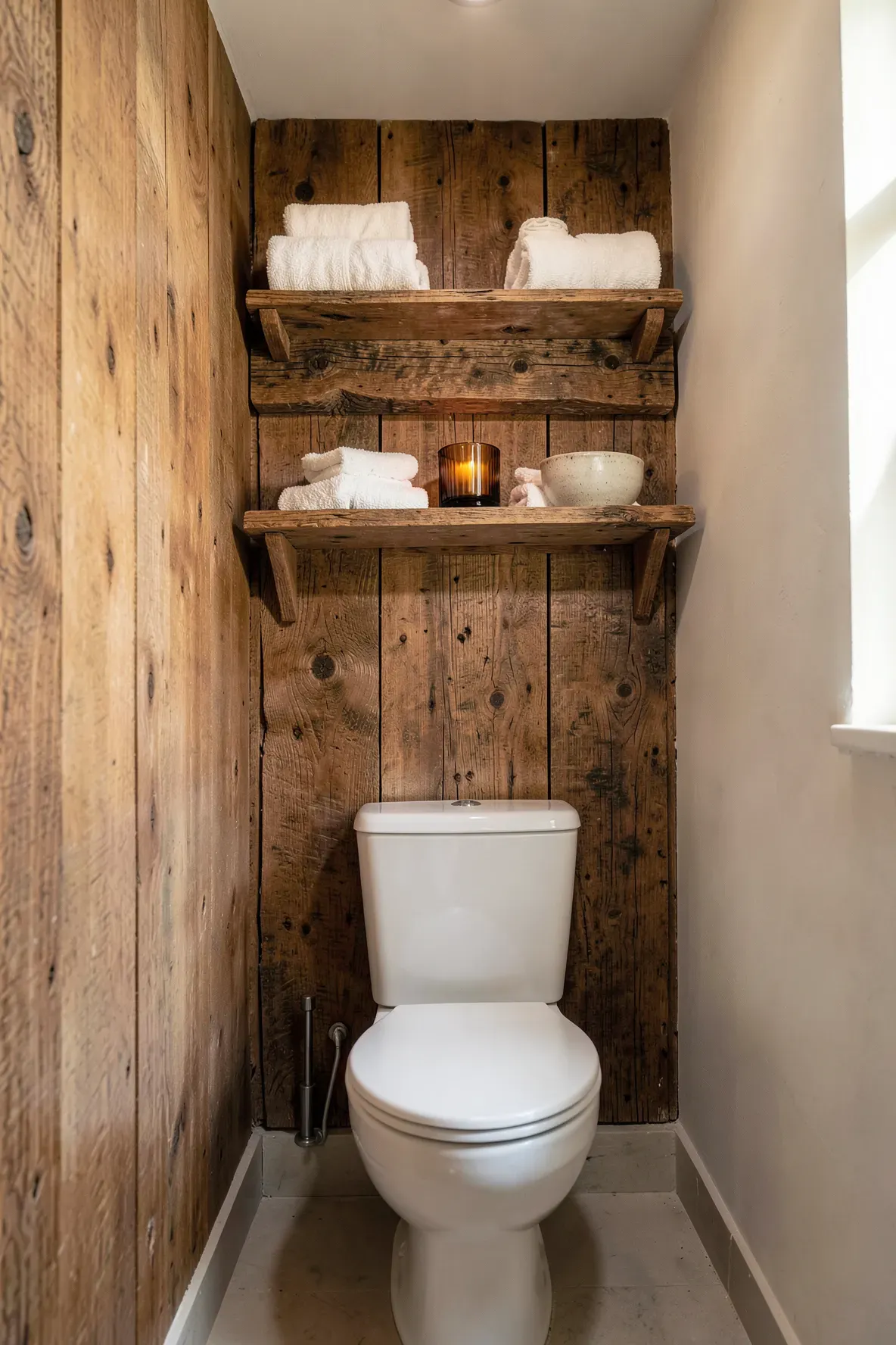 Thick reclaimed wood floating shelves with decor mounted above a toilet in a rustic boho bathroom.