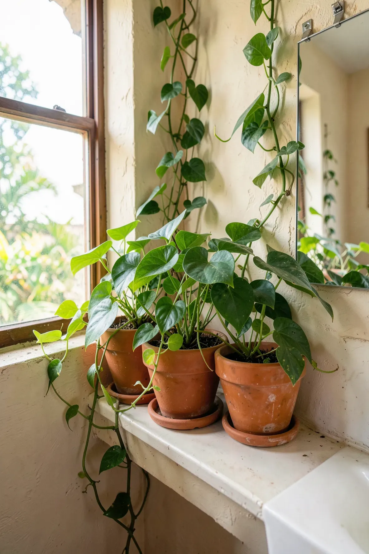 Lush green Pothos vines growing from terracotta pots on a windowsill in a boho bathroom.
