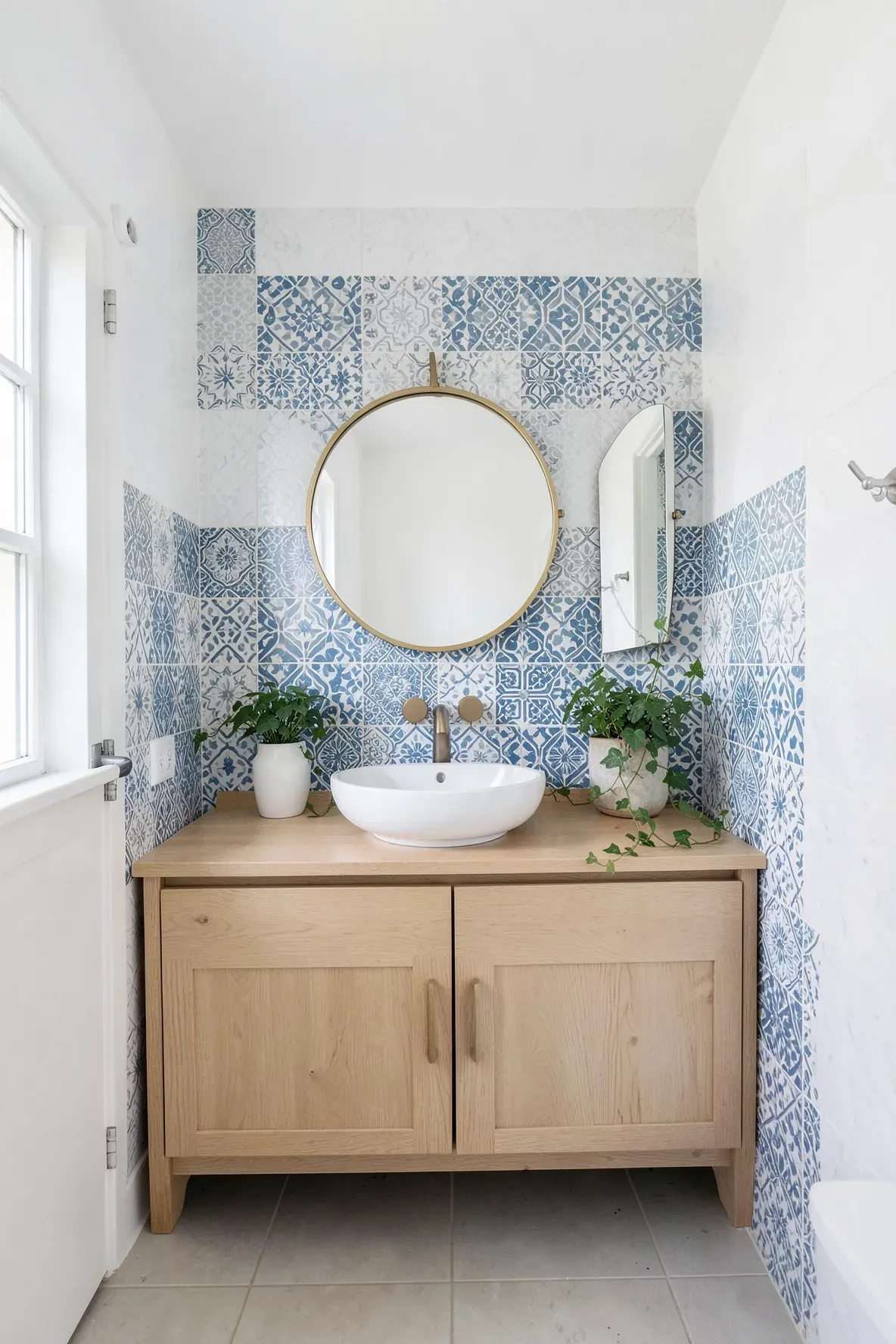 A small boho bathroom vanity featuring a blue and grey Moroccan tile backsplash and a white vessel sink.