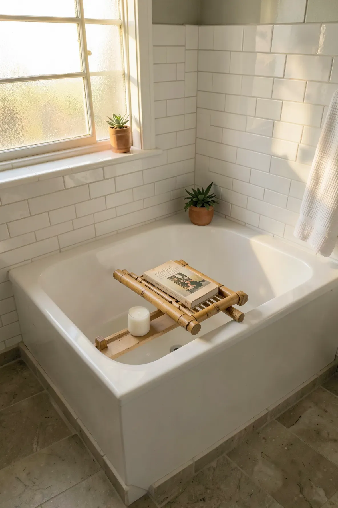 A bamboo bathtub caddy with a book and candle in a bright, white-tiled boho bathroom.