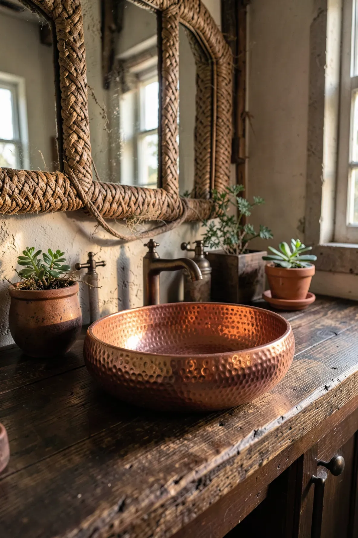 A textured hammered copper sink basin on a dark wood vanity in a rustic boho bathroom.